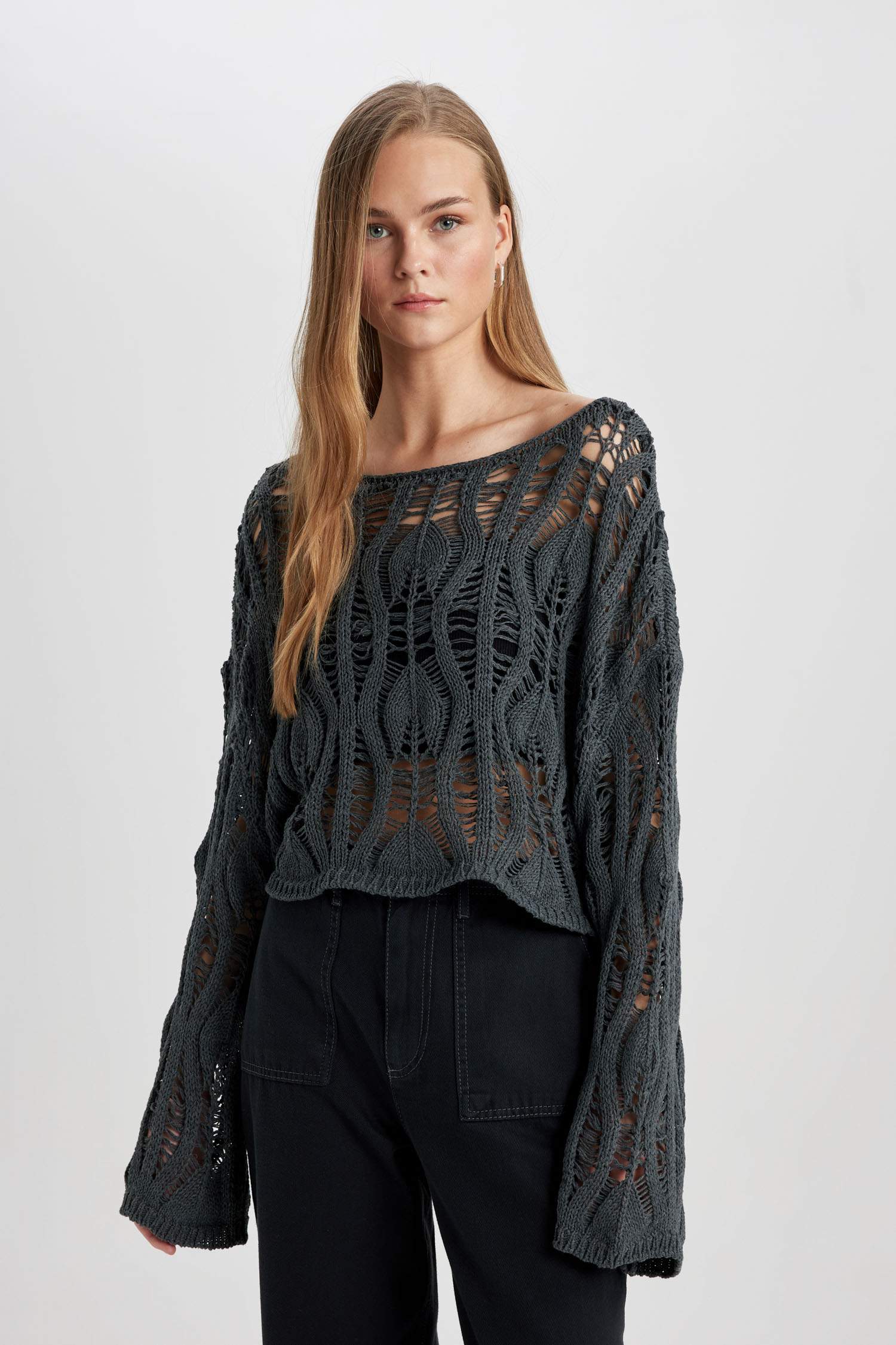 Coool Relax Fit Açık Omuz Kroşe Triko Kazak