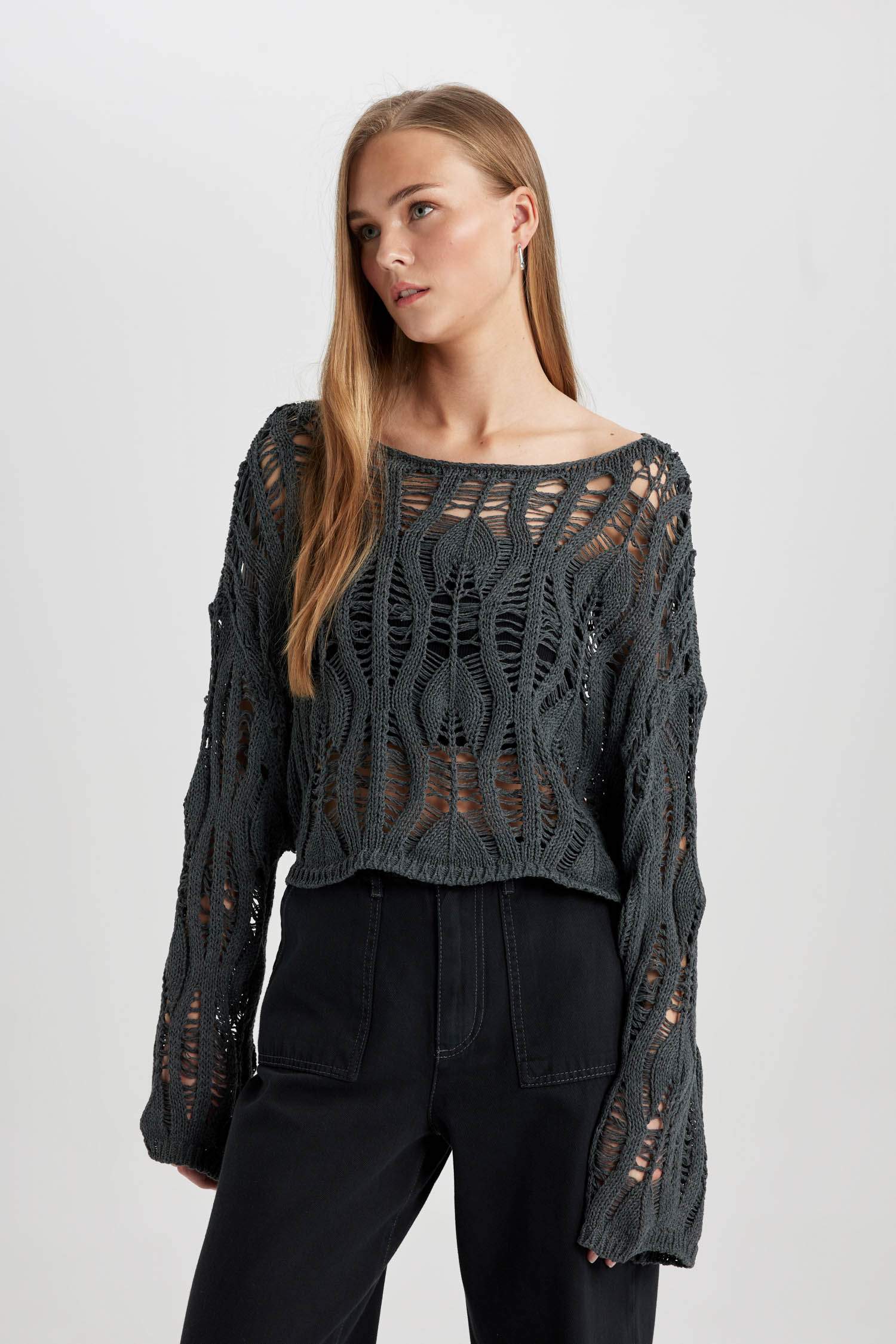 Coool Relax Fit Açık Omuz Kroşe Triko Kazak