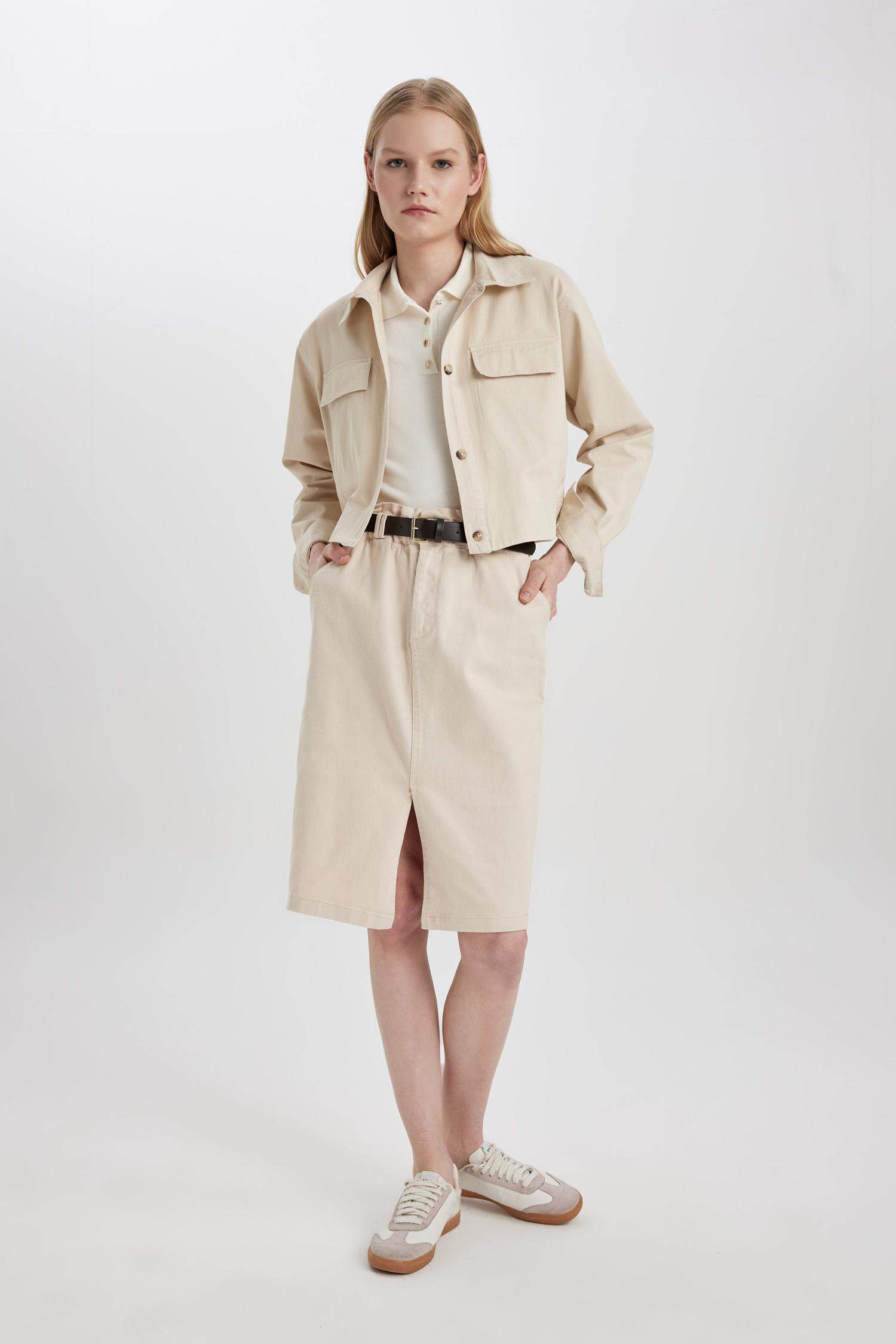 Kalem Normal Bel Yırtmaçlı Gabardin Midi Etek