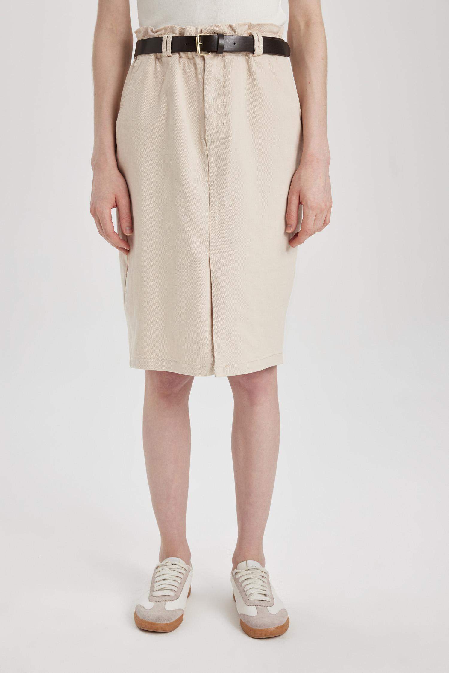 Kalem Normal Bel Yırtmaçlı Gabardin Midi Etek