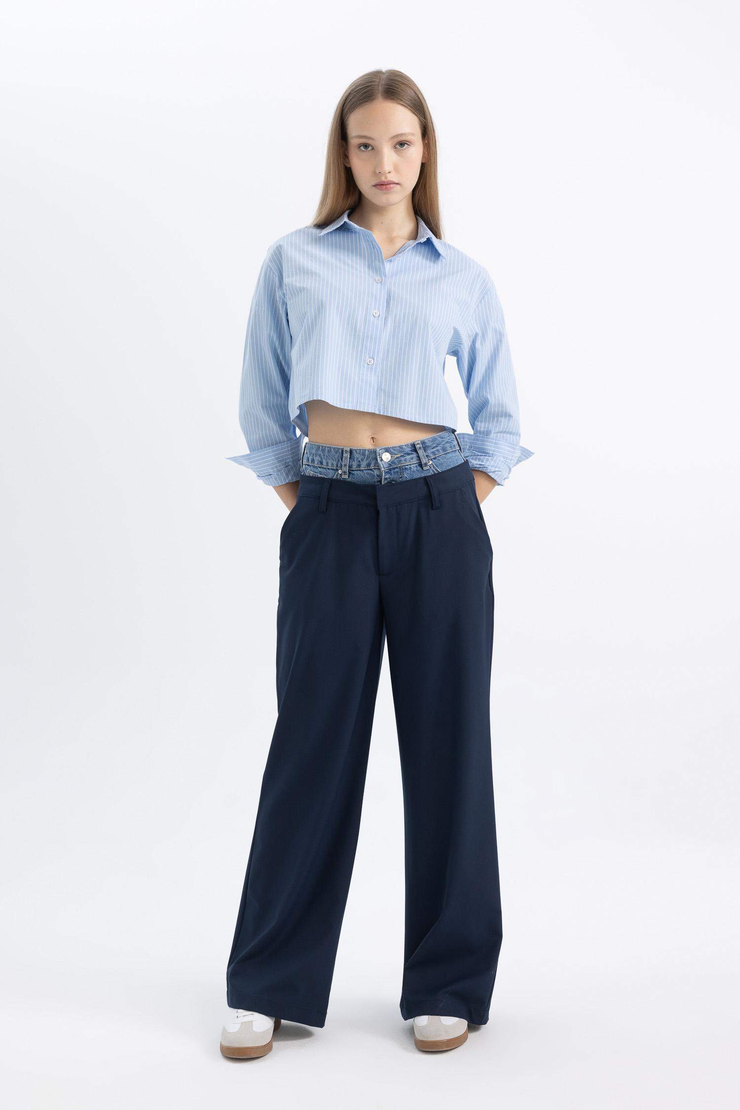 بنطرون جينز برجل واسع وايد ليج وخصر عالي