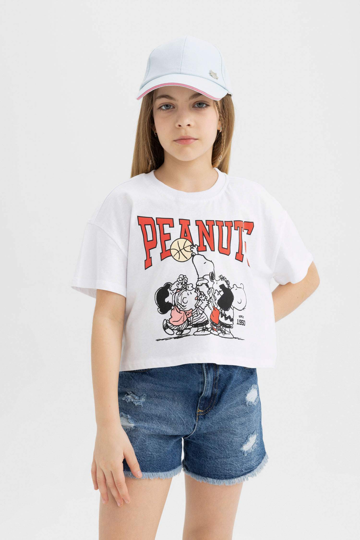 Kız Çocuk Snoopy Bisiklet Yaka Kısa Kollu Tişört