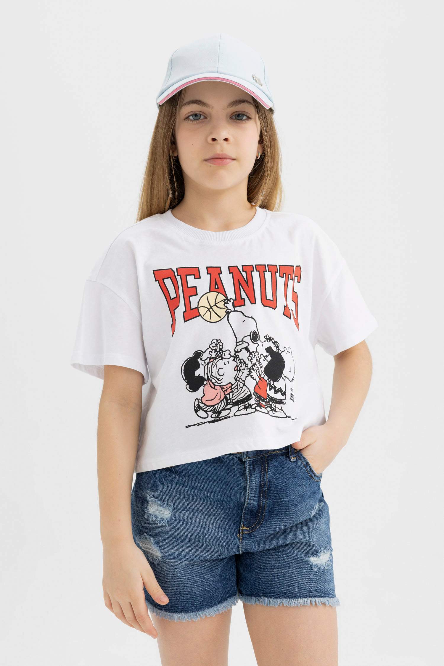 Kız Çocuk Snoopy Bisiklet Yaka Kısa Kollu Tişört