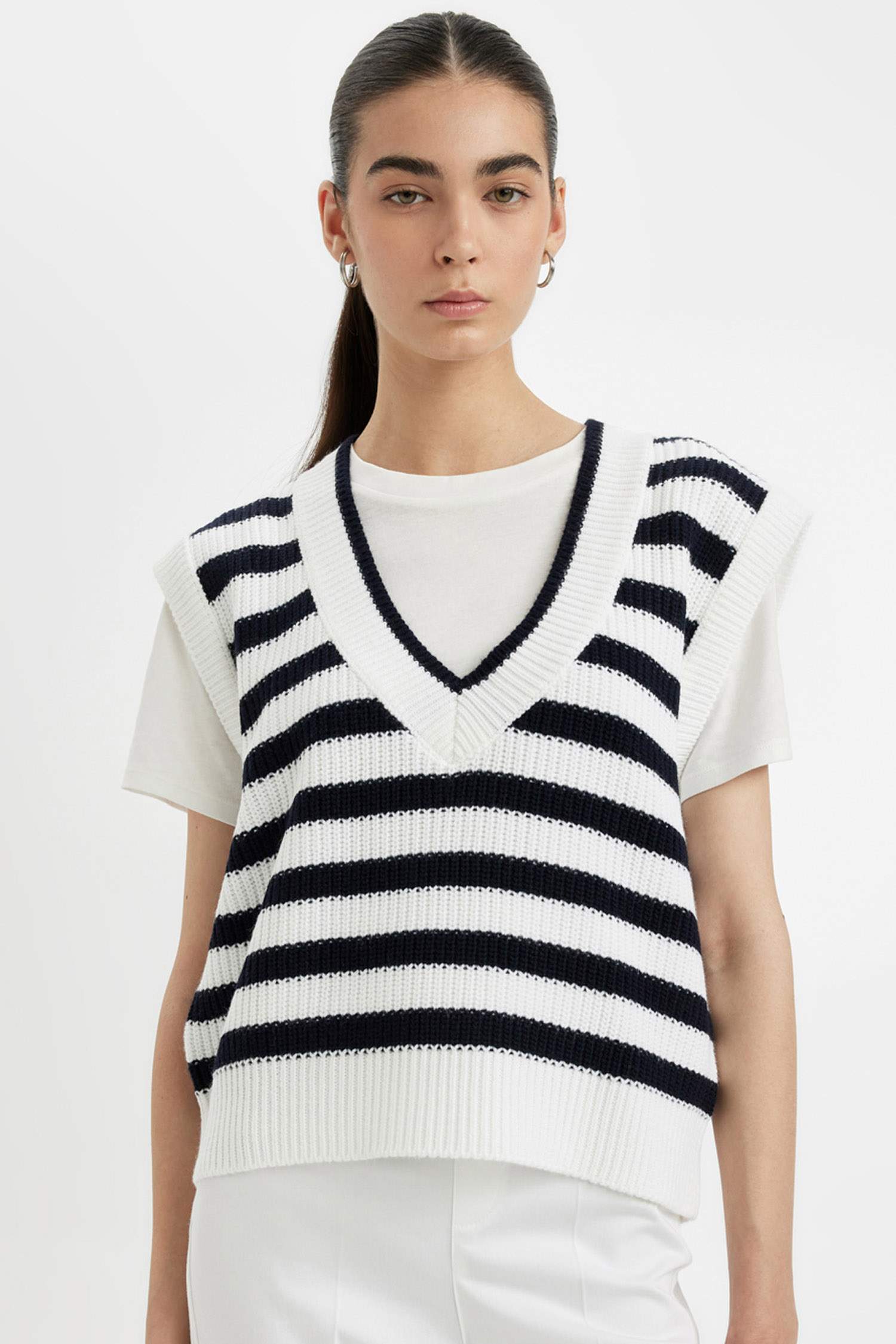 Regular Fit Çizgili V Yaka Selanik Kumaş Triko Süveter