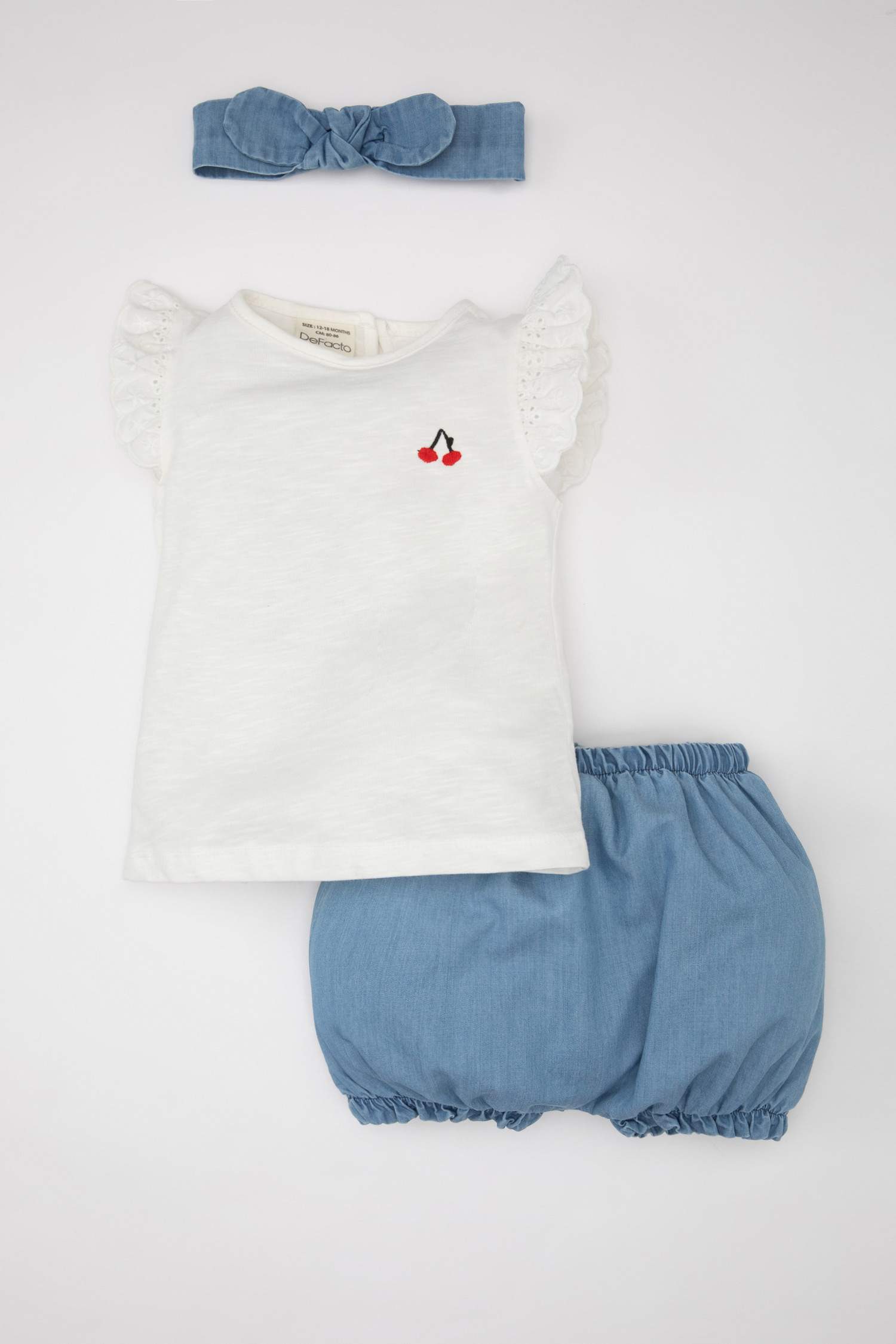 Kız Bebek 3'lü Takım Bisiklet Yaka Kısa Kollu Tişört Yumuşak Jean Şort Saç Bandı 