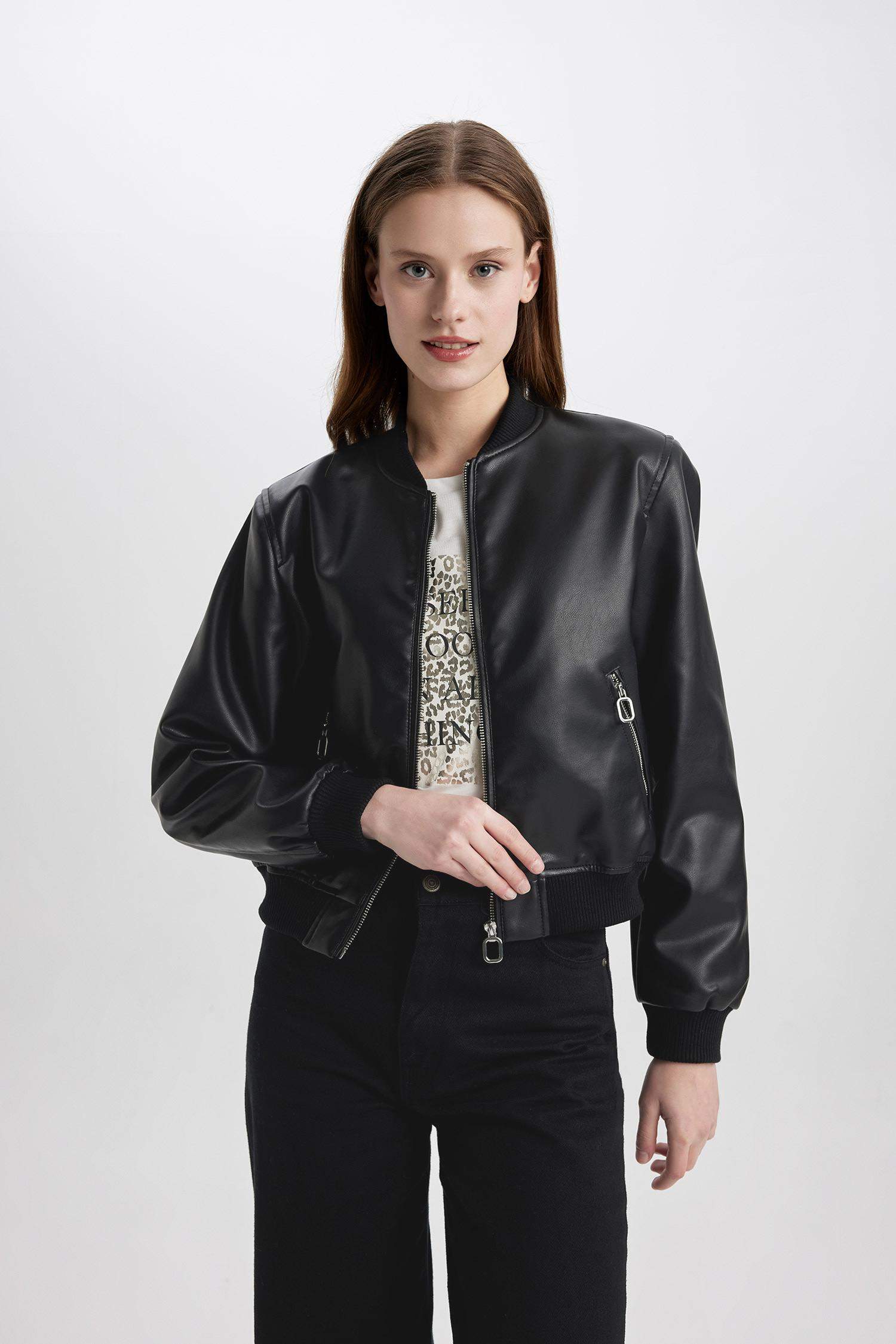 College Collar Faux Leather Bomber Jacket