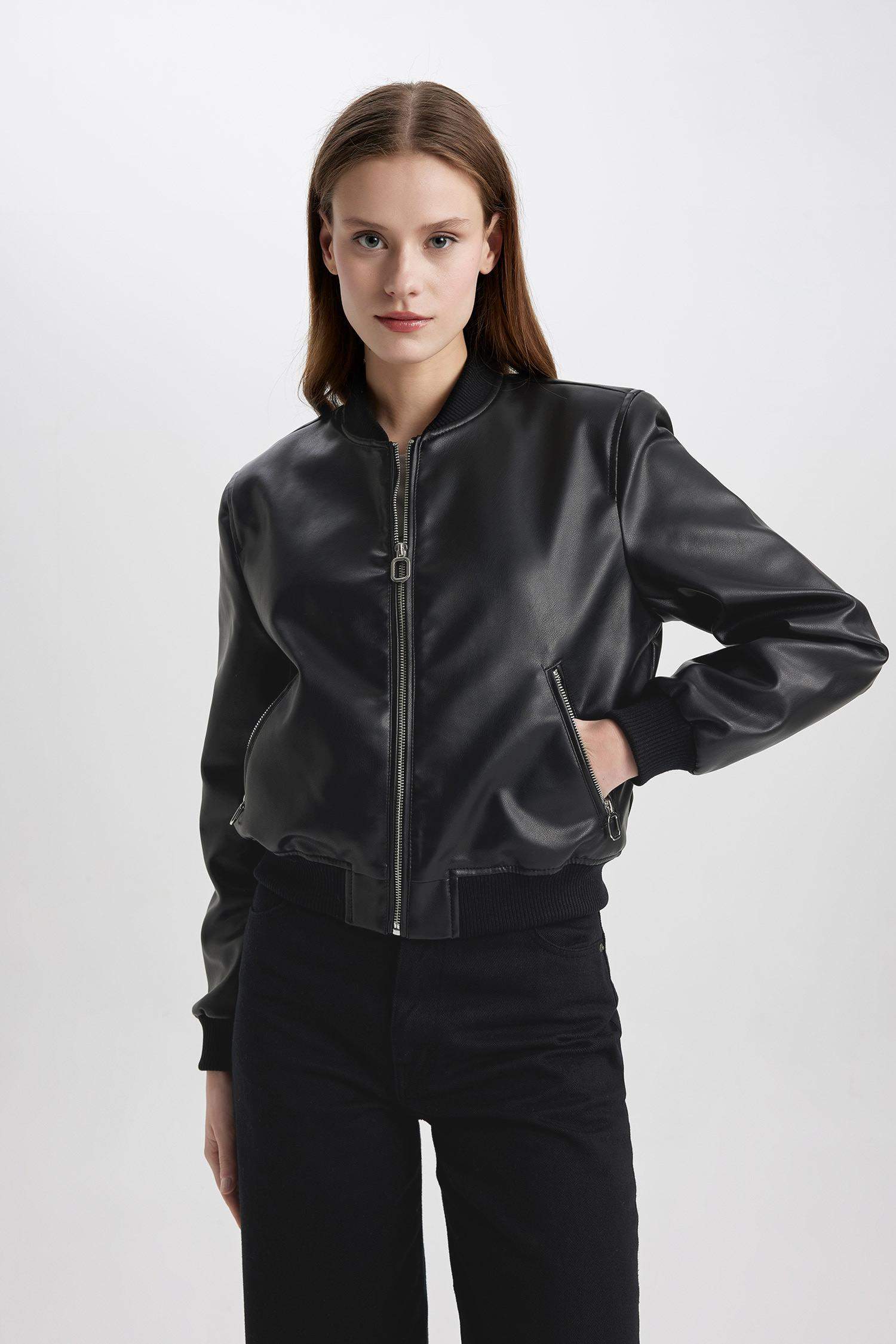 College Collar Faux Leather Bomber Jacket