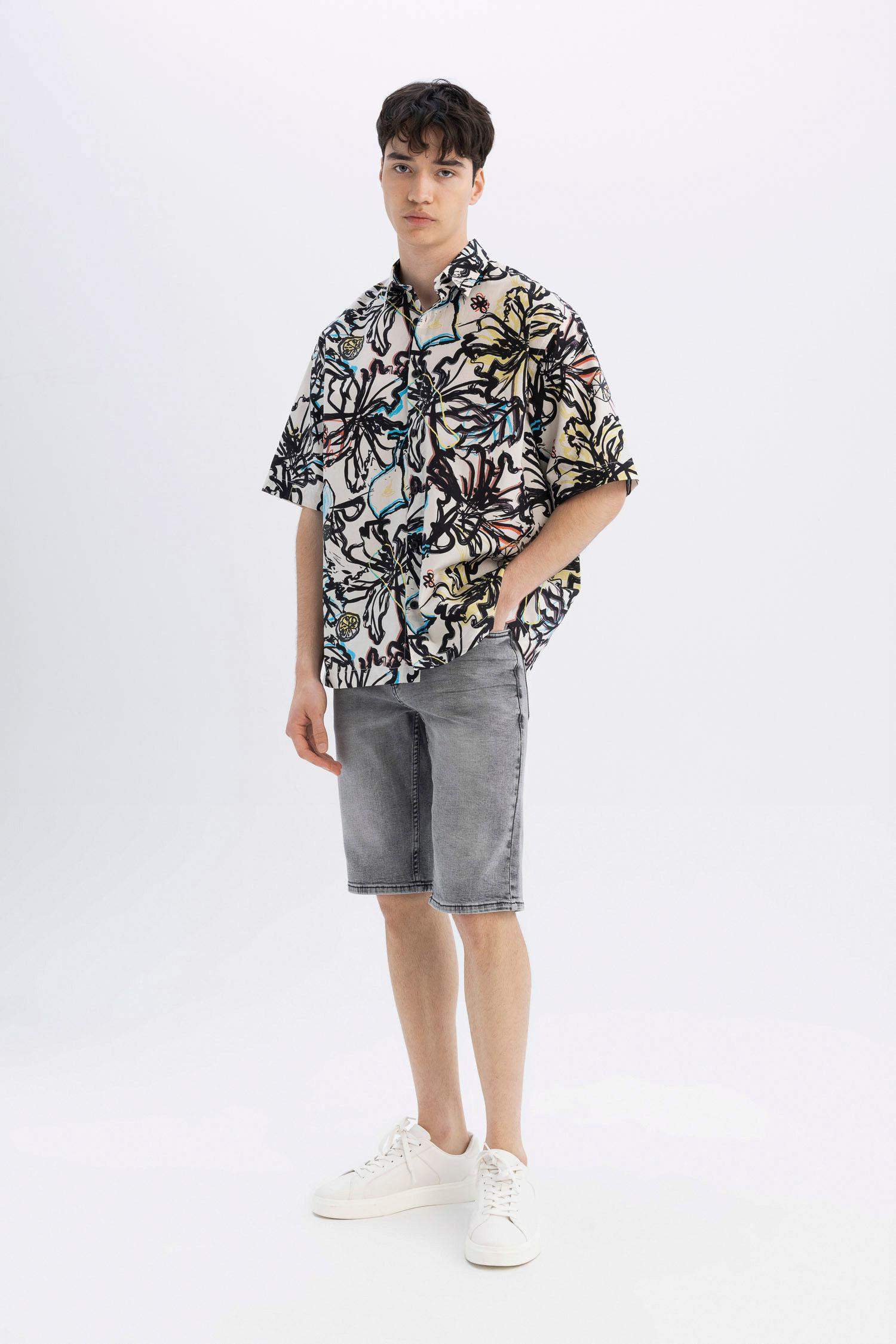 Relax Fit Patterned Cotton Short Sleeve Shirt