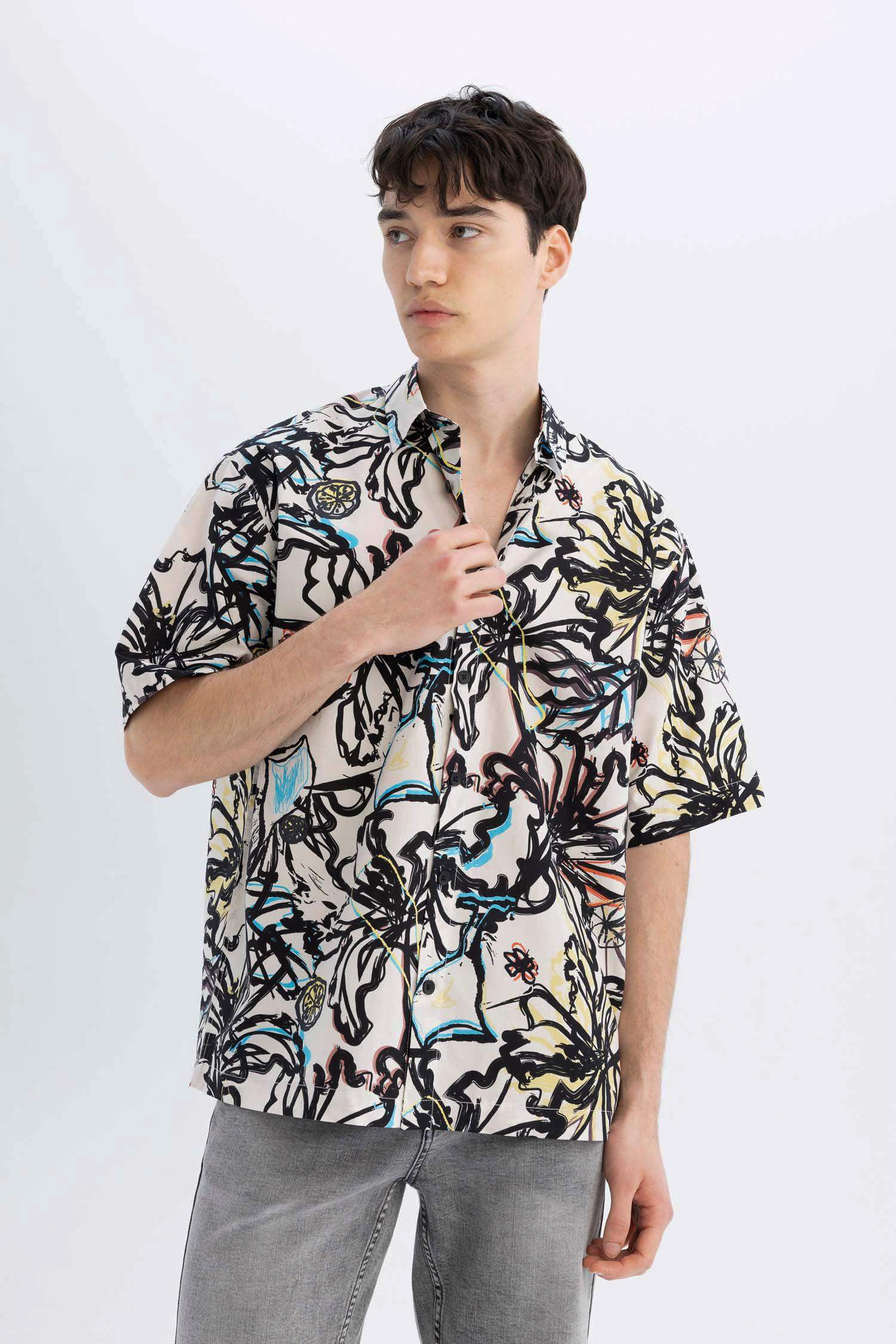 Relax Fit Patterned Cotton Short Sleeve Shirt