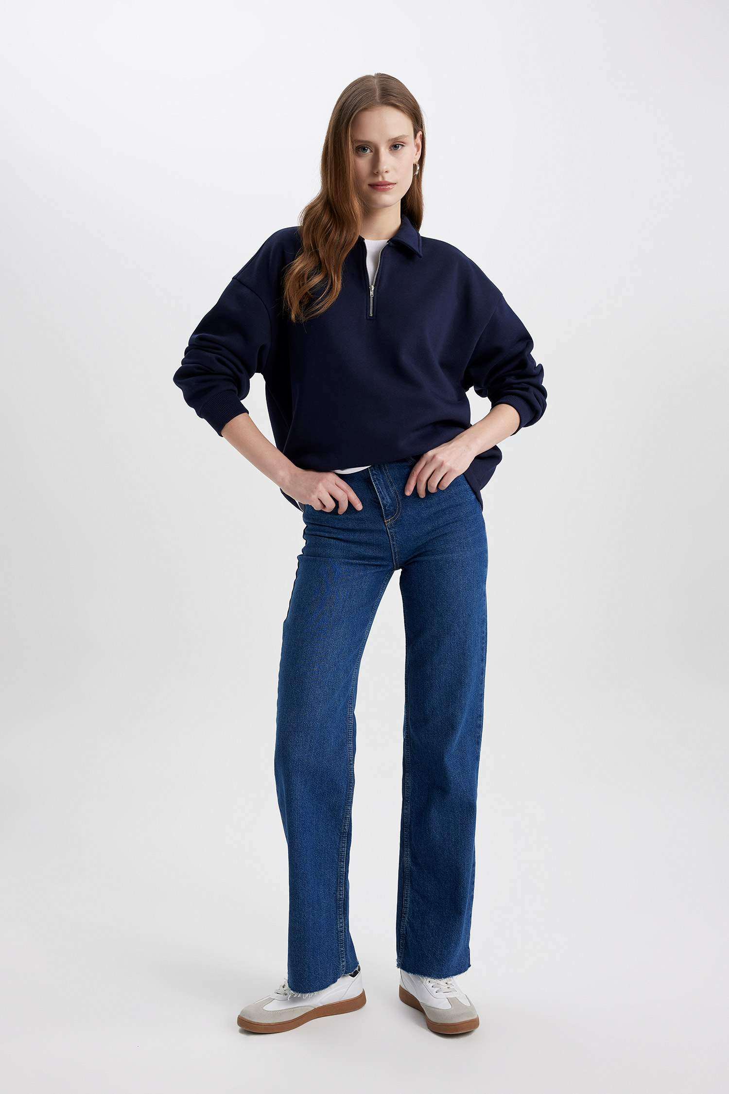 Relax Fit Fermuarlı Dik Yaka Basic Düz Kalın Sweatshirt