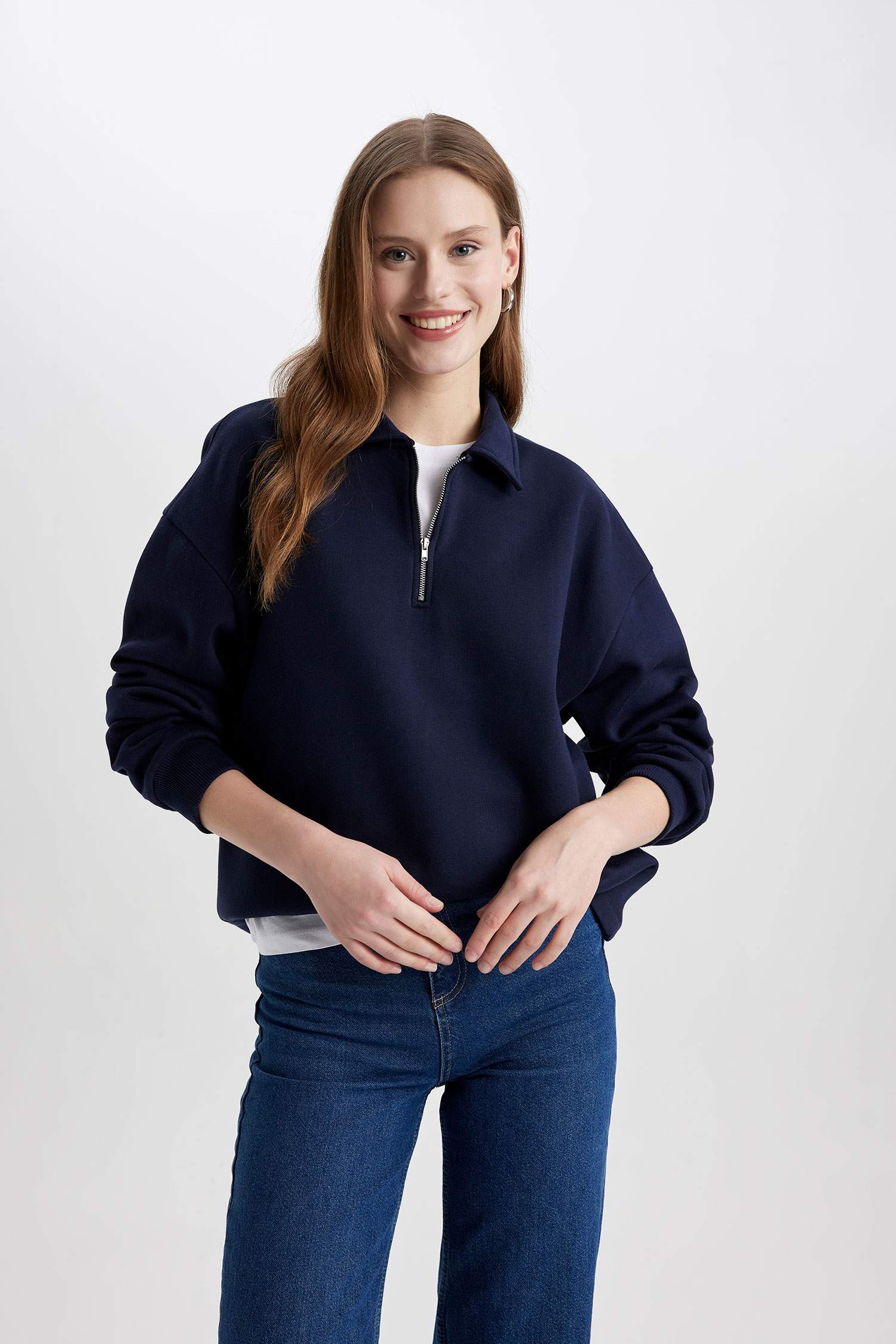 Relax Fit Fermuarlı Dik Yaka Basic Düz Kalın Sweatshirt