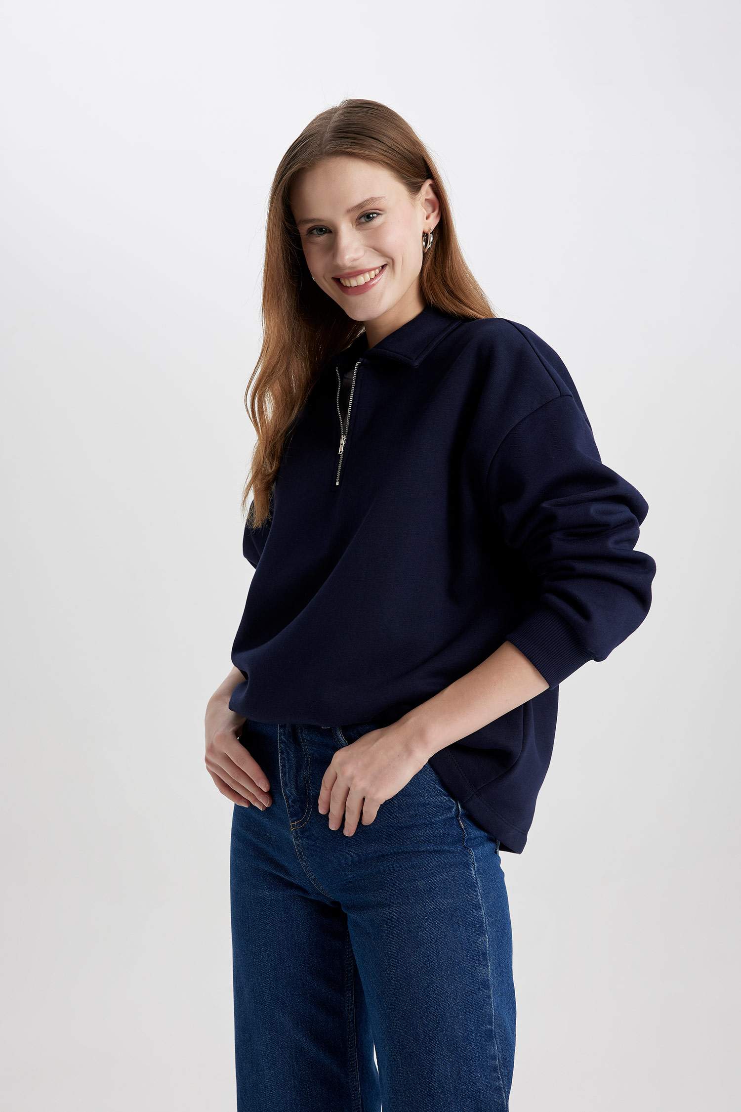 Relax Fit Fermuarlı Dik Yaka Basic Düz Kalın Sweatshirt