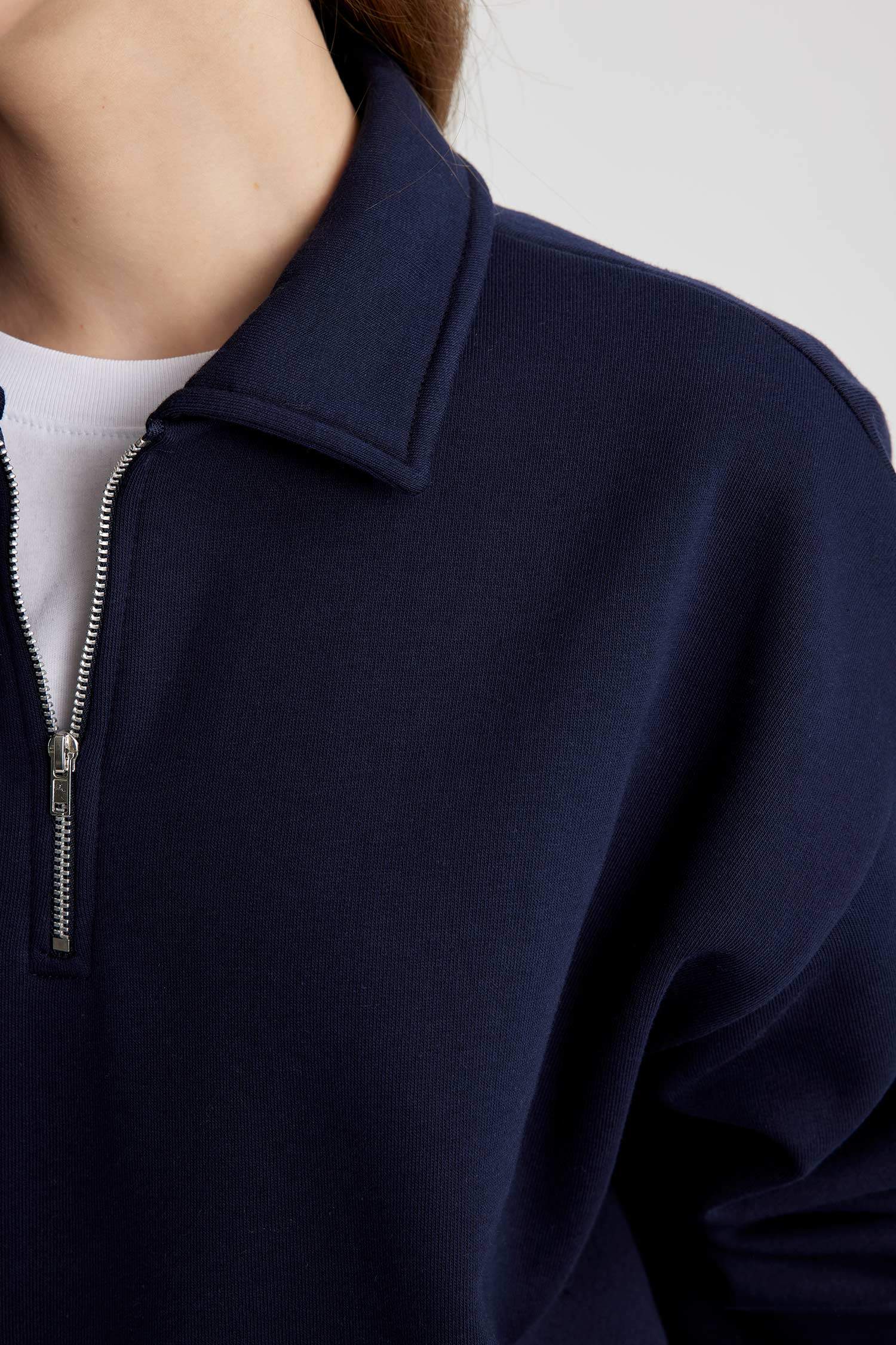 Relax Fit Fermuarlı Dik Yaka Basic Düz Kalın Sweatshirt