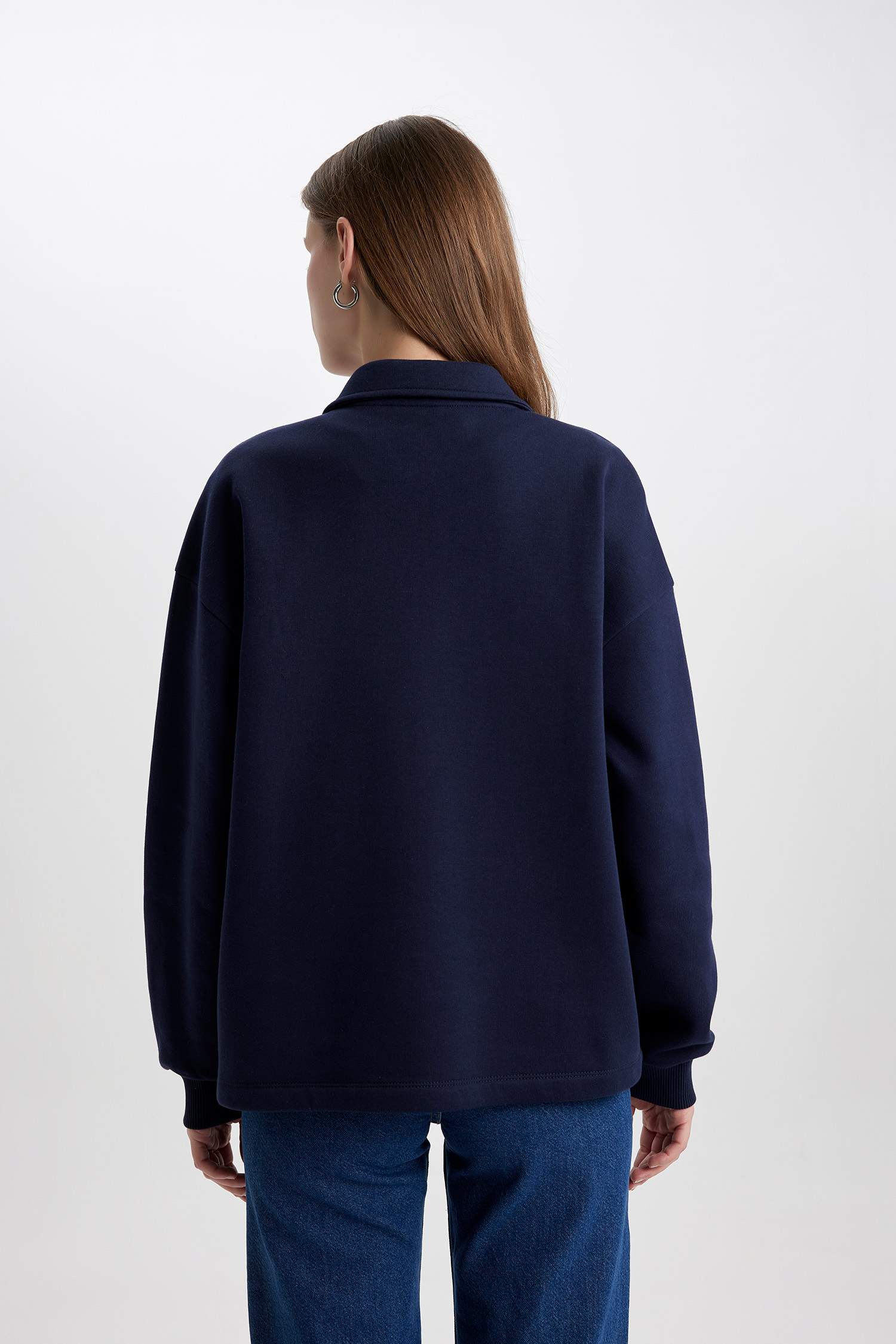 Relax Fit Fermuarlı Dik Yaka Basic Düz Kalın Sweatshirt