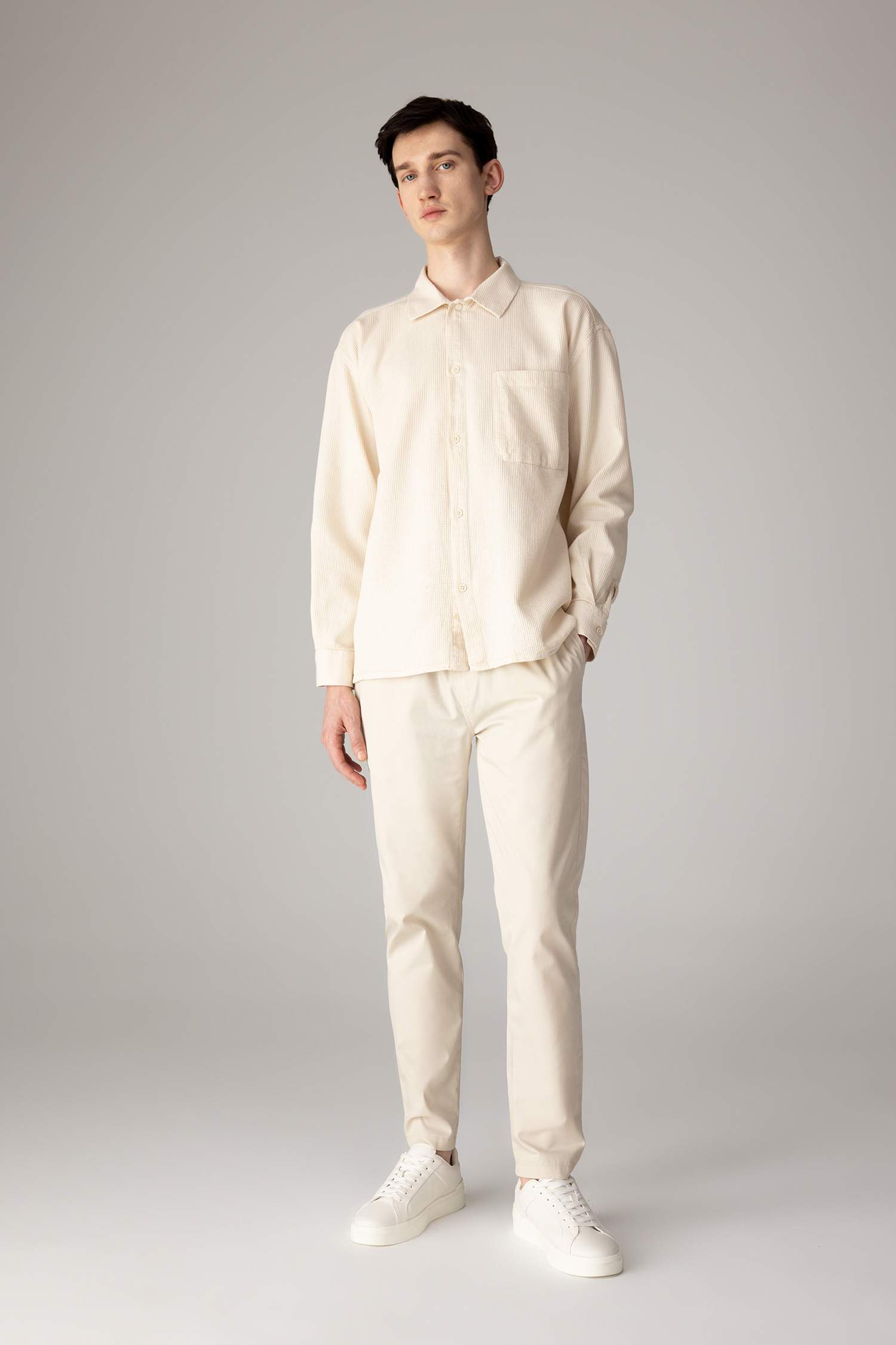 Oversize Geniş Kalıp Polo Yaka Waffle Uzun Kollu Gömlek