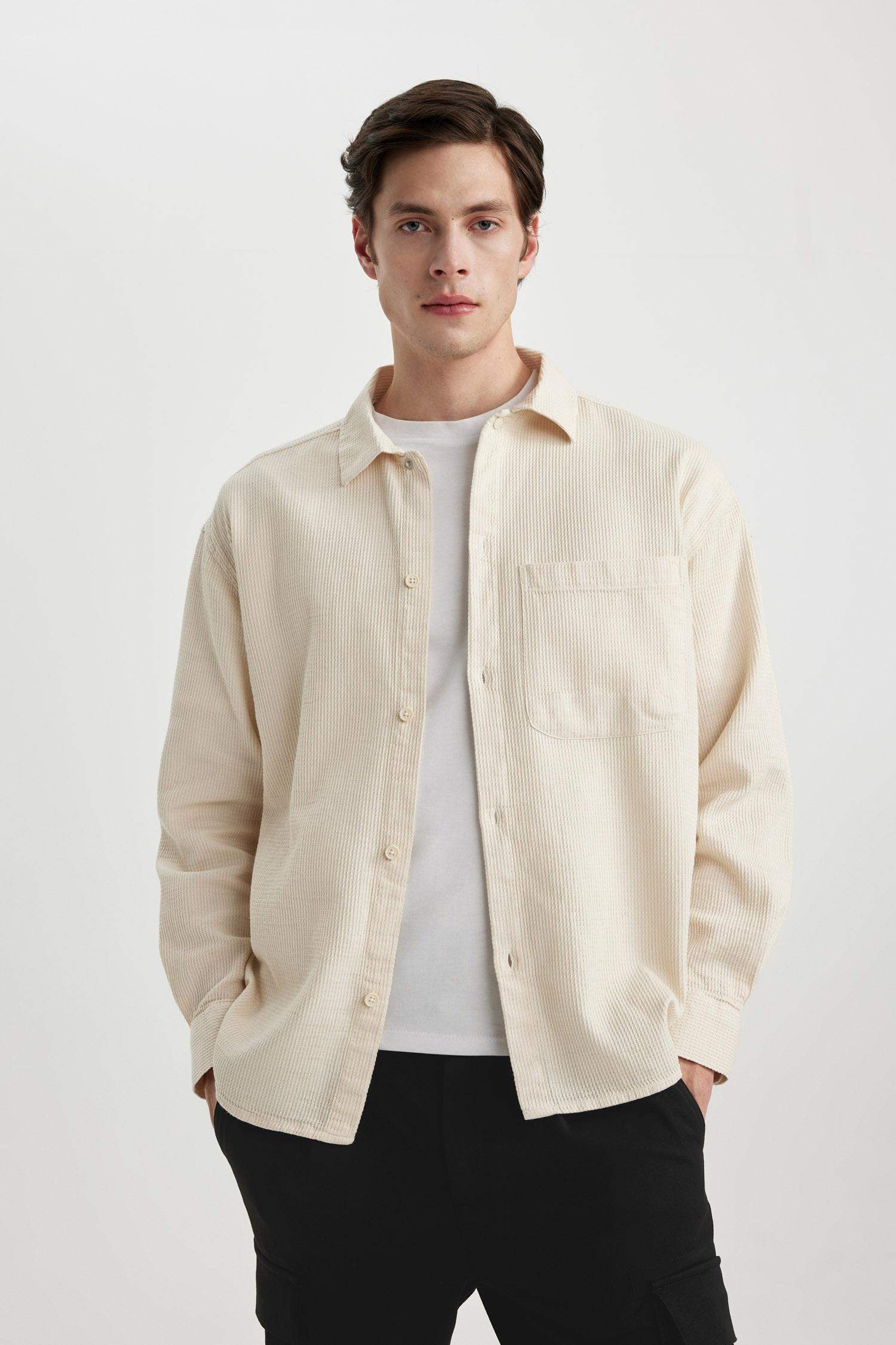 Oversize Geniş Kalıp Polo Yaka Waffle Uzun Kollu Gömlek