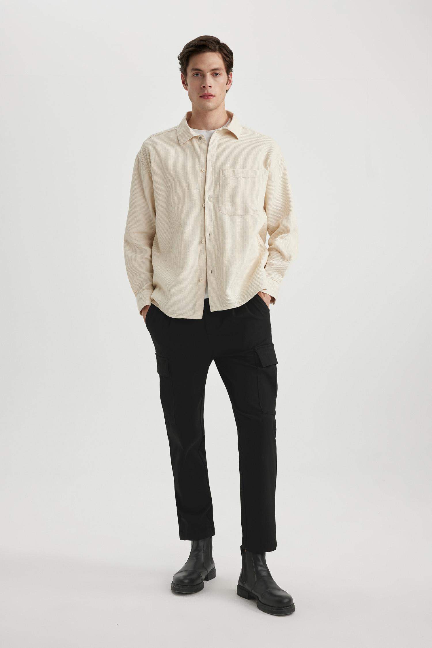 Oversize Geniş Kalıp Polo Yaka Waffle Uzun Kollu Gömlek