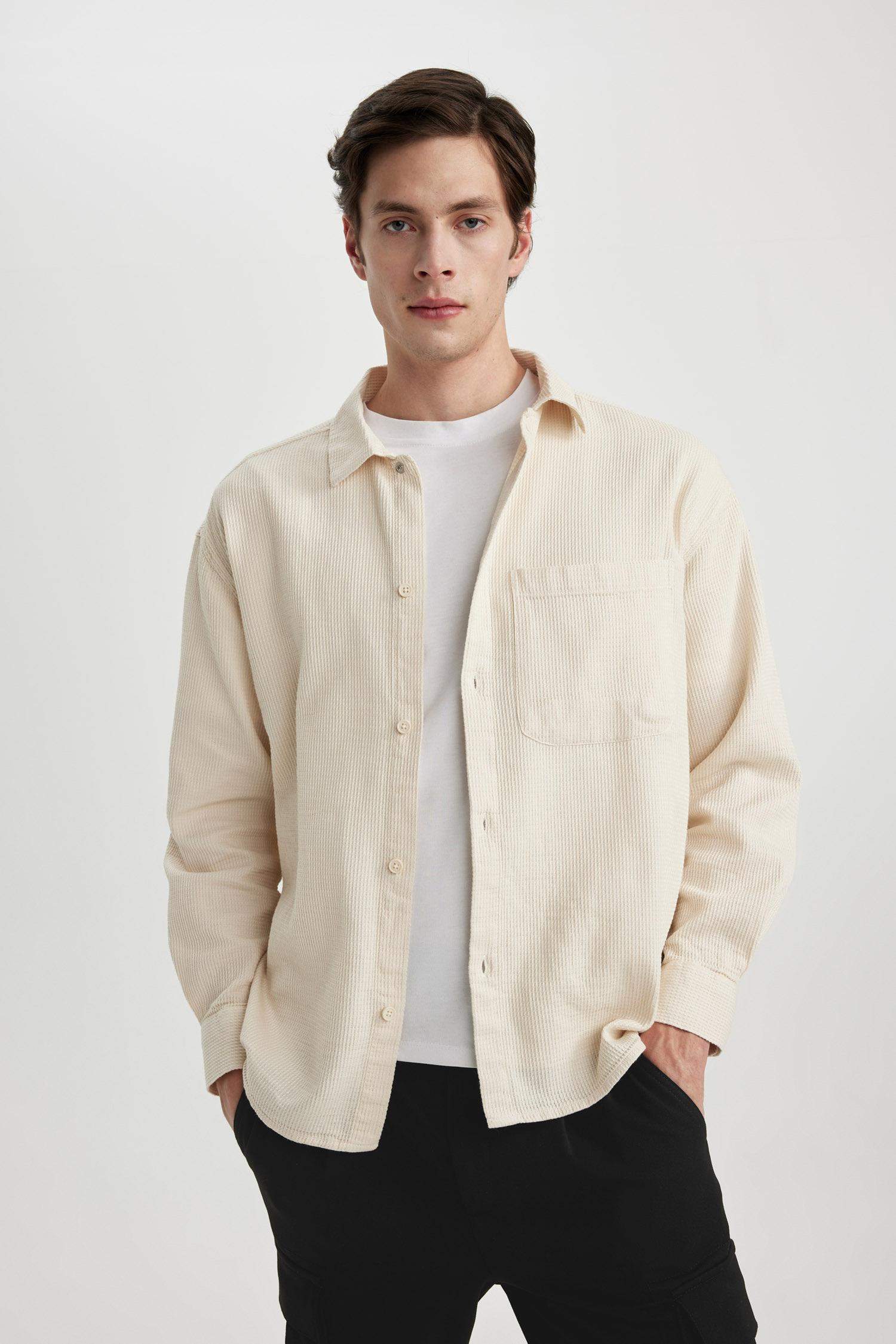 Oversize Geniş Kalıp Polo Yaka Waffle Uzun Kollu Gömlek