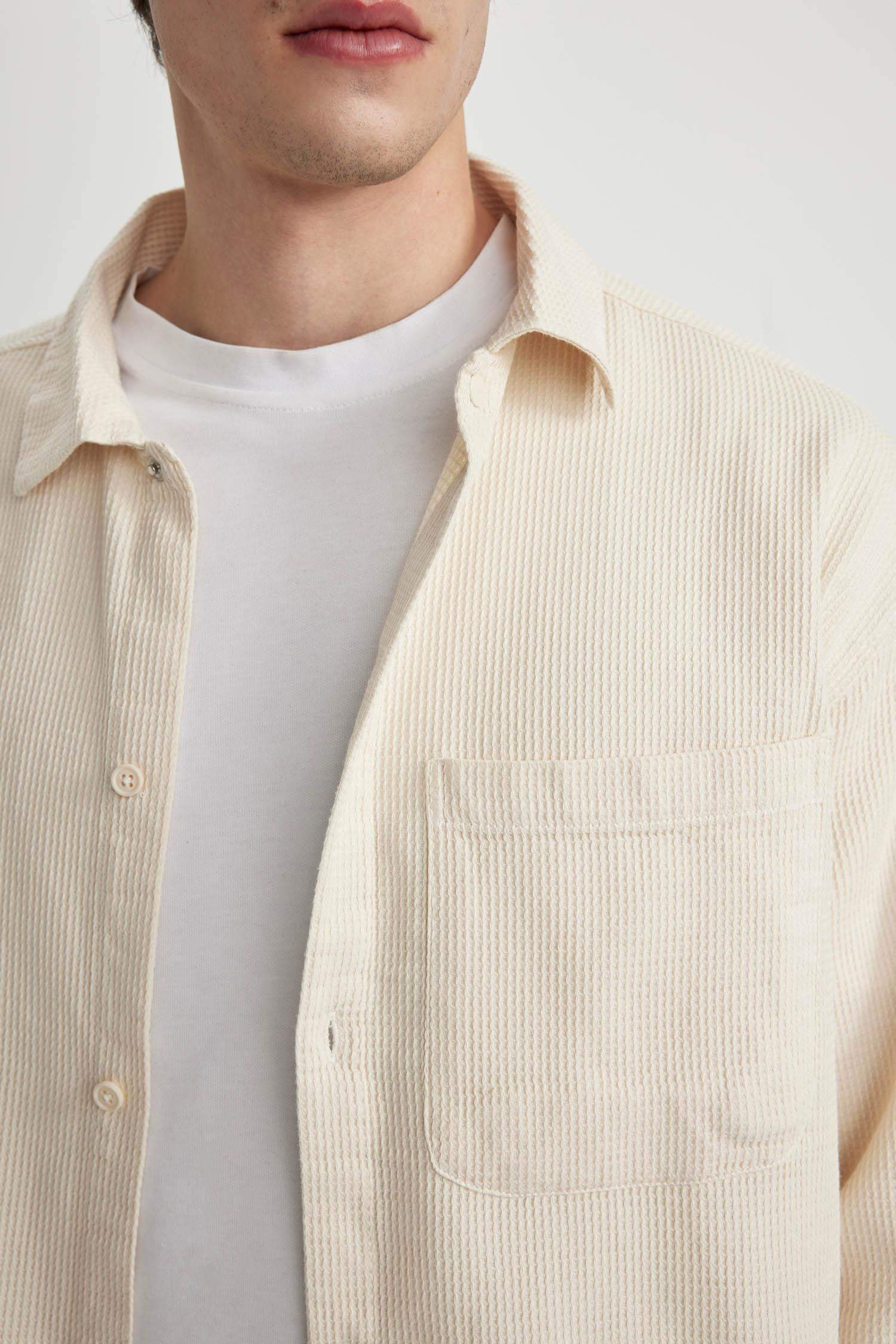 Oversize Geniş Kalıp Polo Yaka Waffle Uzun Kollu Gömlek