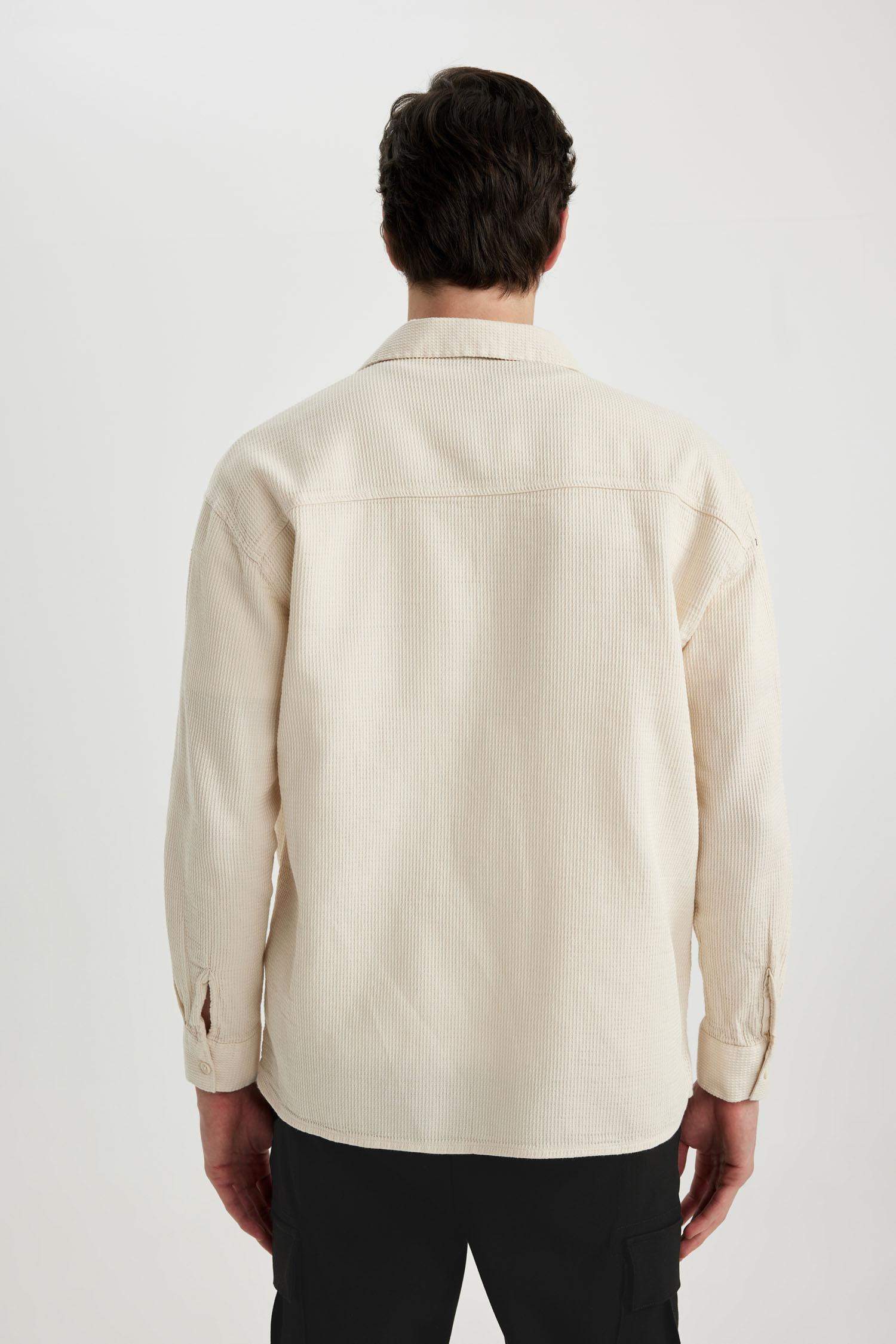 Oversize Geniş Kalıp Polo Yaka Waffle Uzun Kollu Gömlek