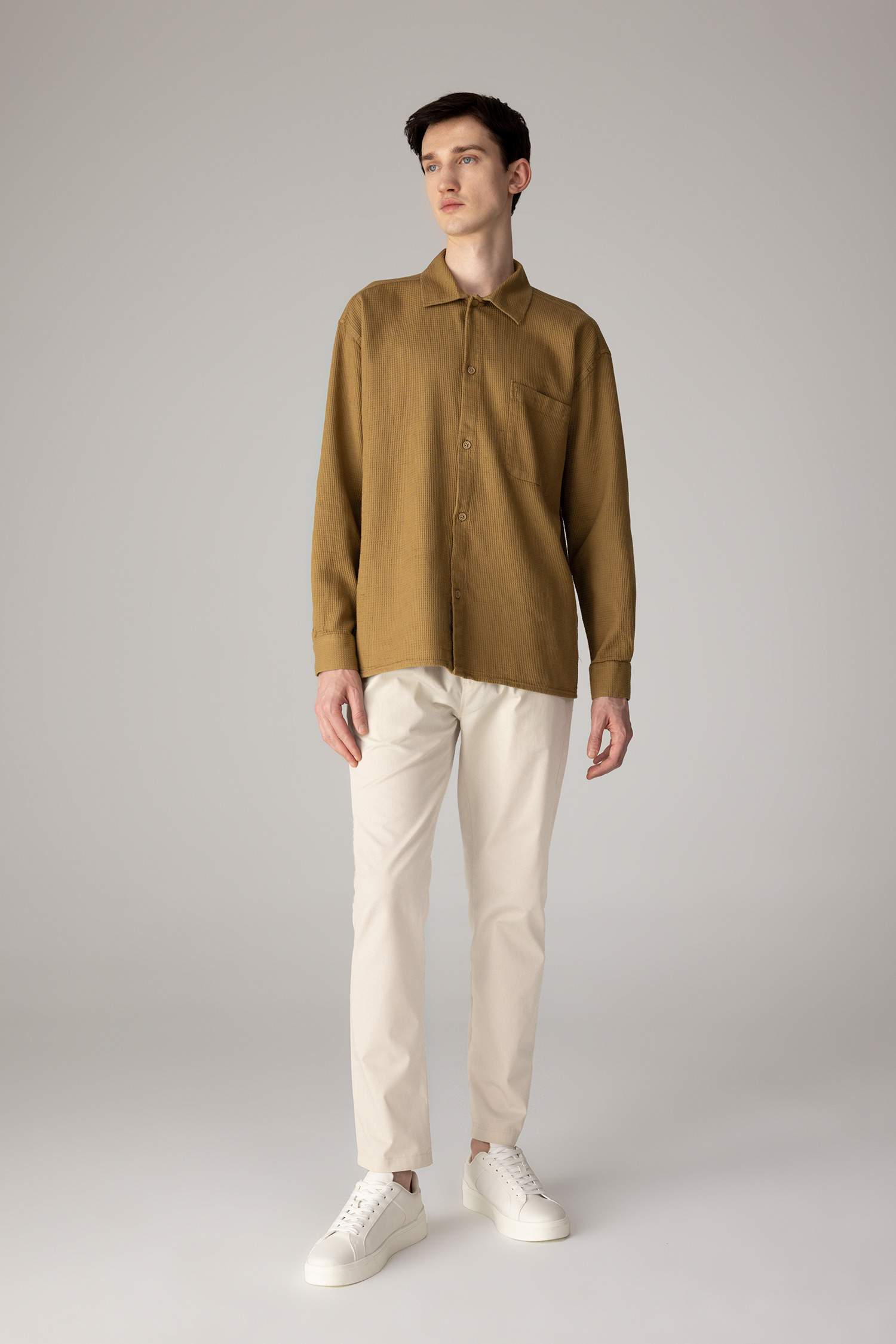 Oversize Geniş Kalıp Polo Yaka Waffle Uzun Kollu Gömlek