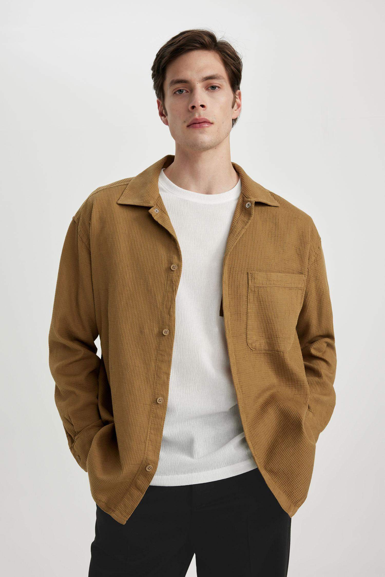 Oversize Fit Polo Collar Cotton Long Sleeve Shirt