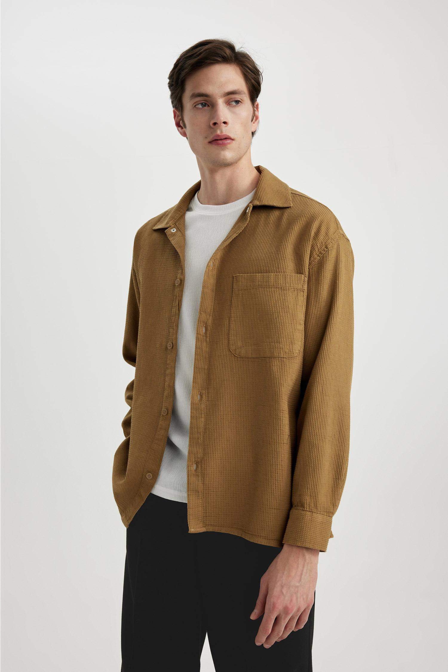 Oversize Fit Polo Collar Cotton Long Sleeve Shirt