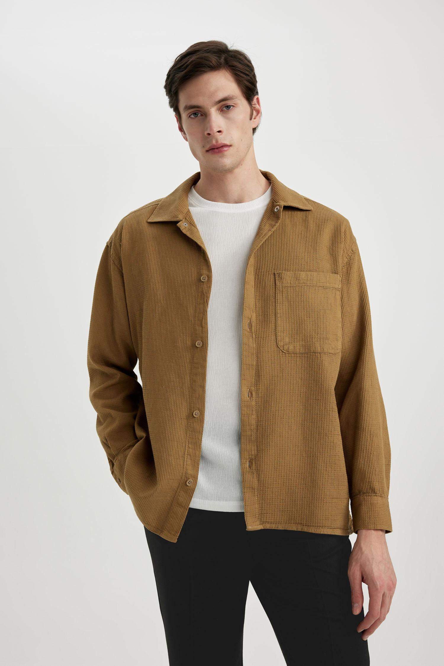 Oversize Fit Polo Collar Cotton Long Sleeve Shirt