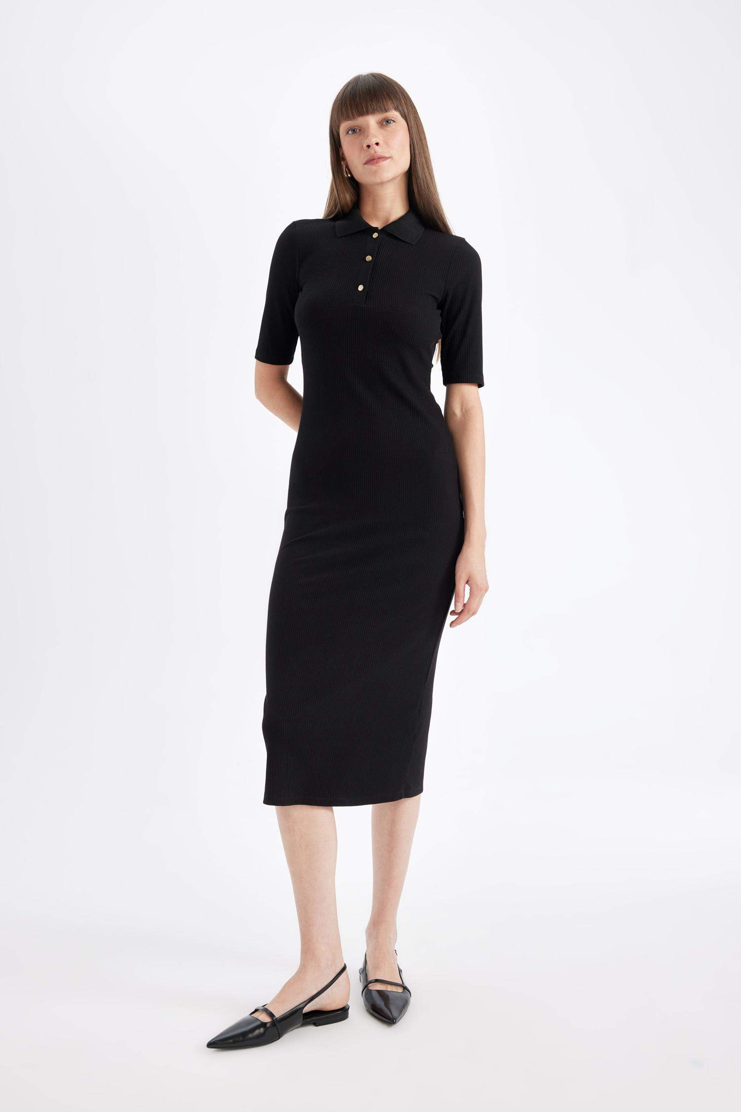 Bodycon Polo Neck Corduroy Half Sleeve Midi Dress