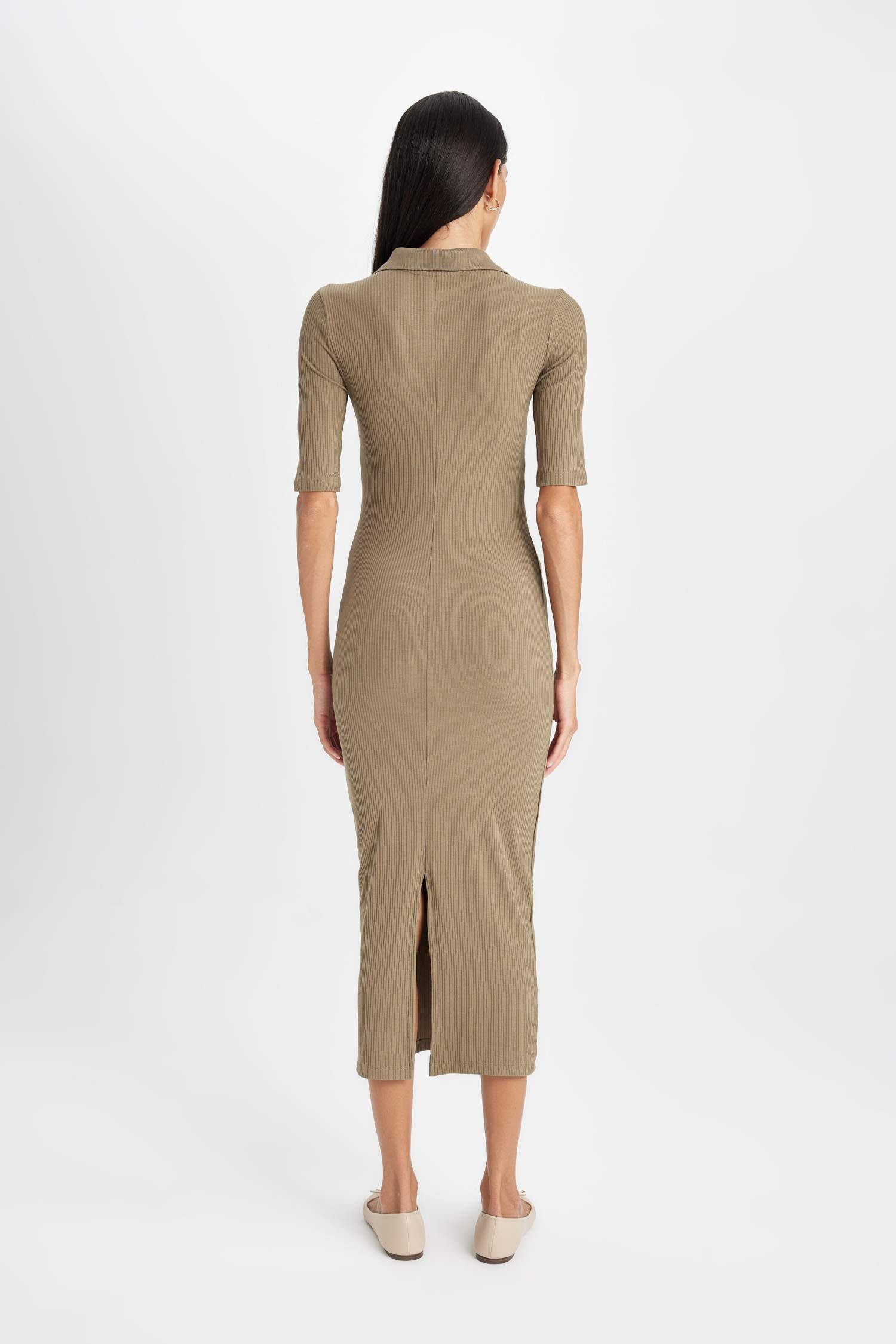 Bodycon Polo Neck Corduroy Half Sleeve Midi Dress