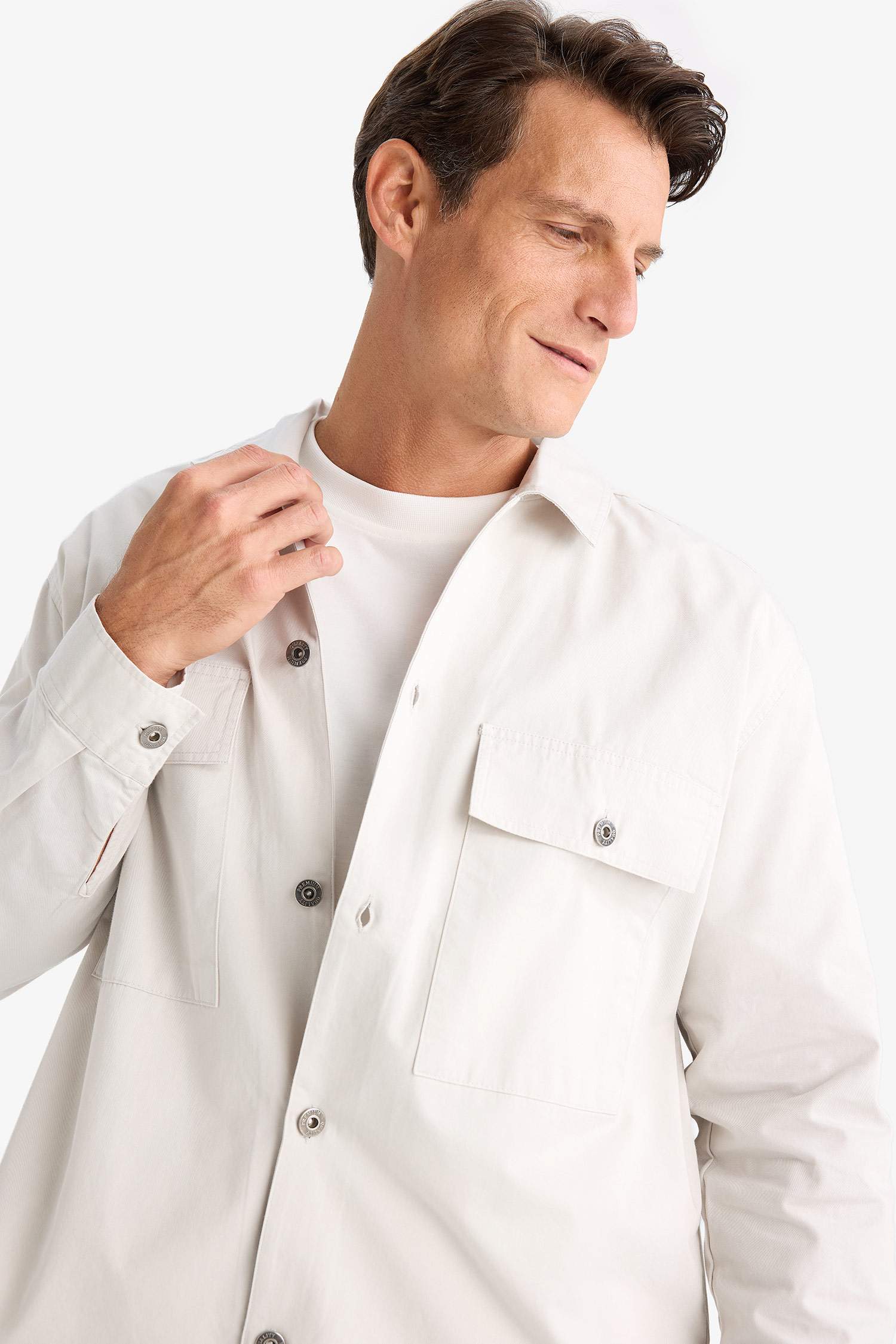 Oversize Fit Polo Collar Twill Shirt Jacket
