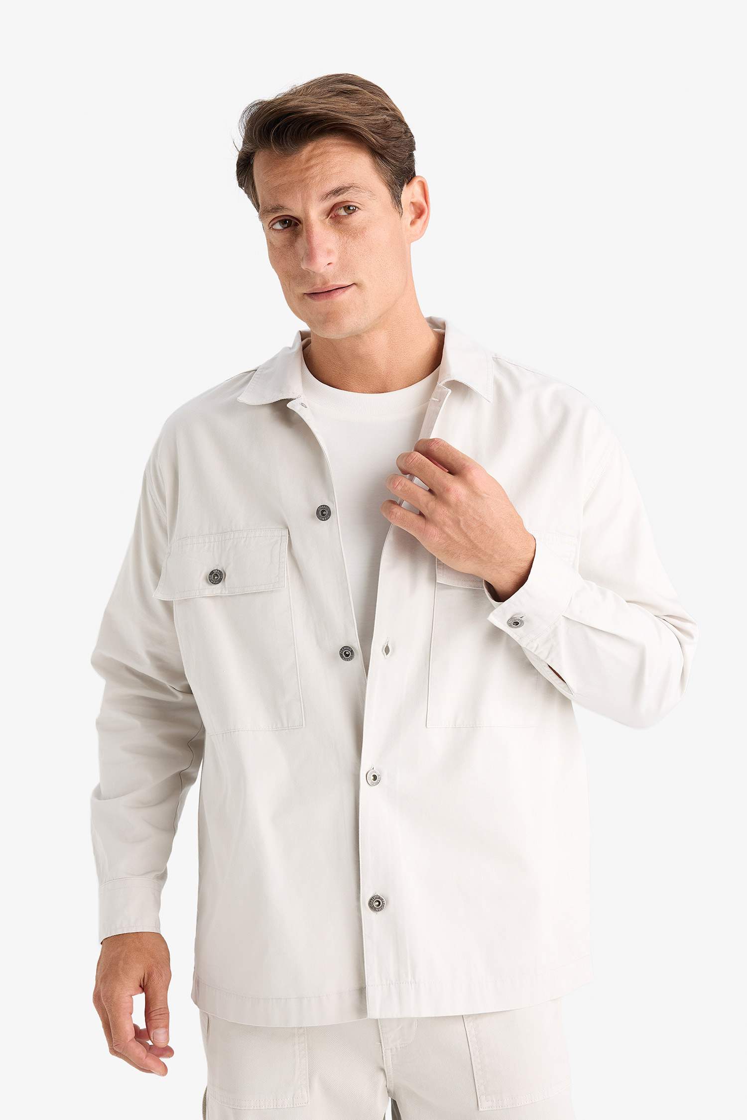 Oversize Fit Polo Collar Twill Shirt Jacket