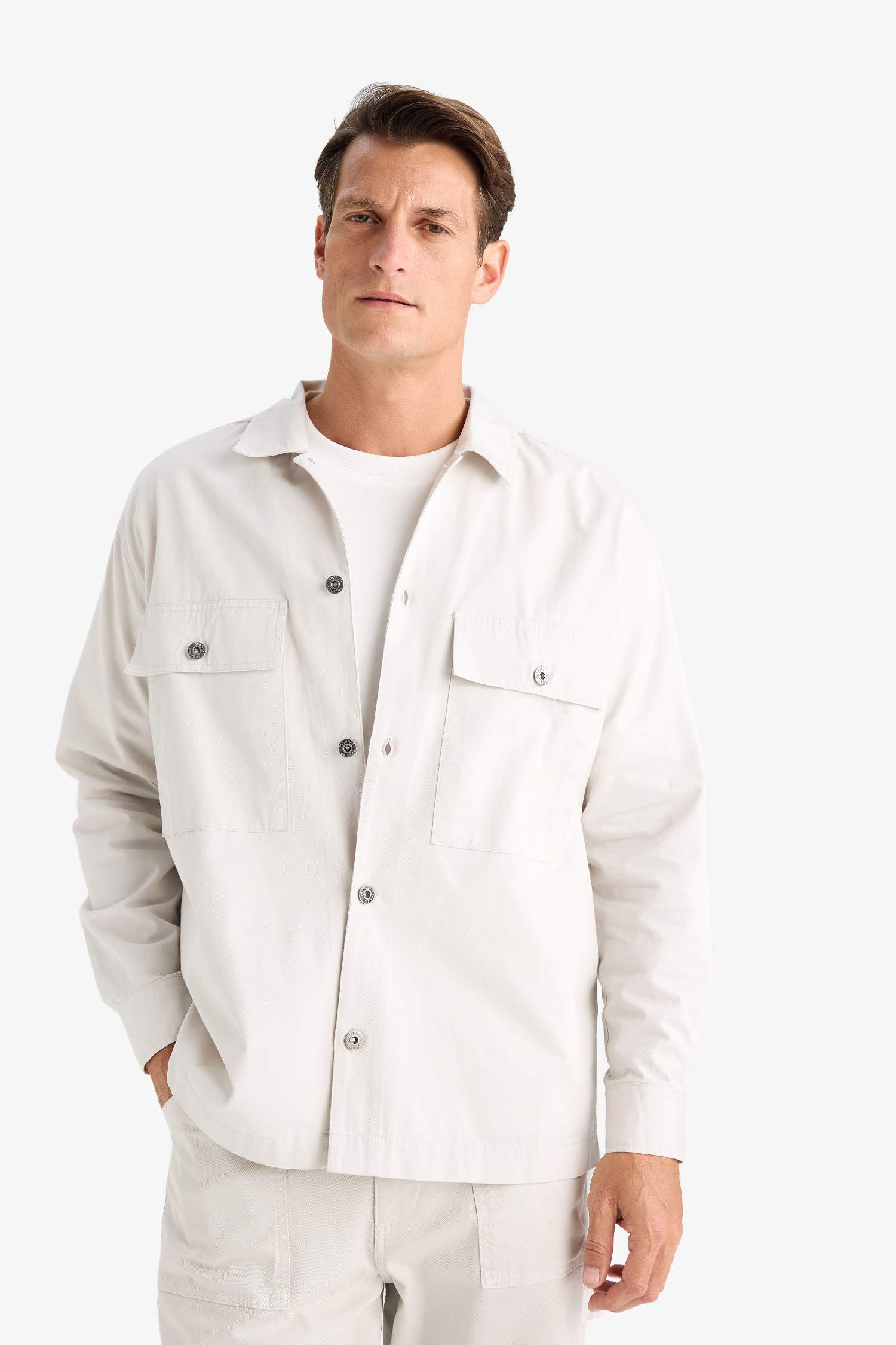 Oversize Fit Polo Collar Twill Shirt Jacket