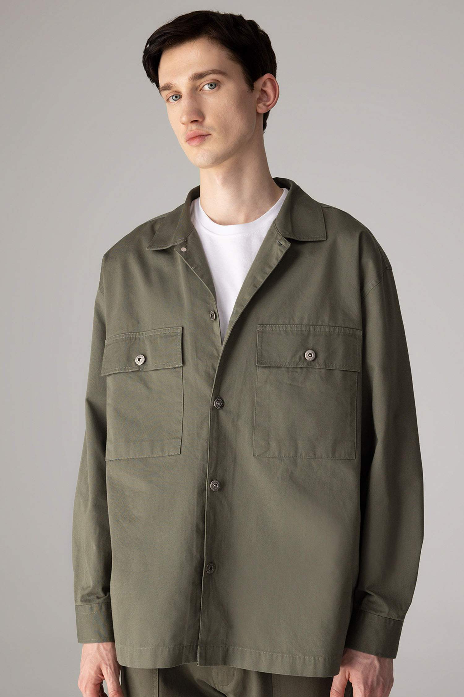 Oversize Fit Polo Neck Twill Long Sleeve Shirt