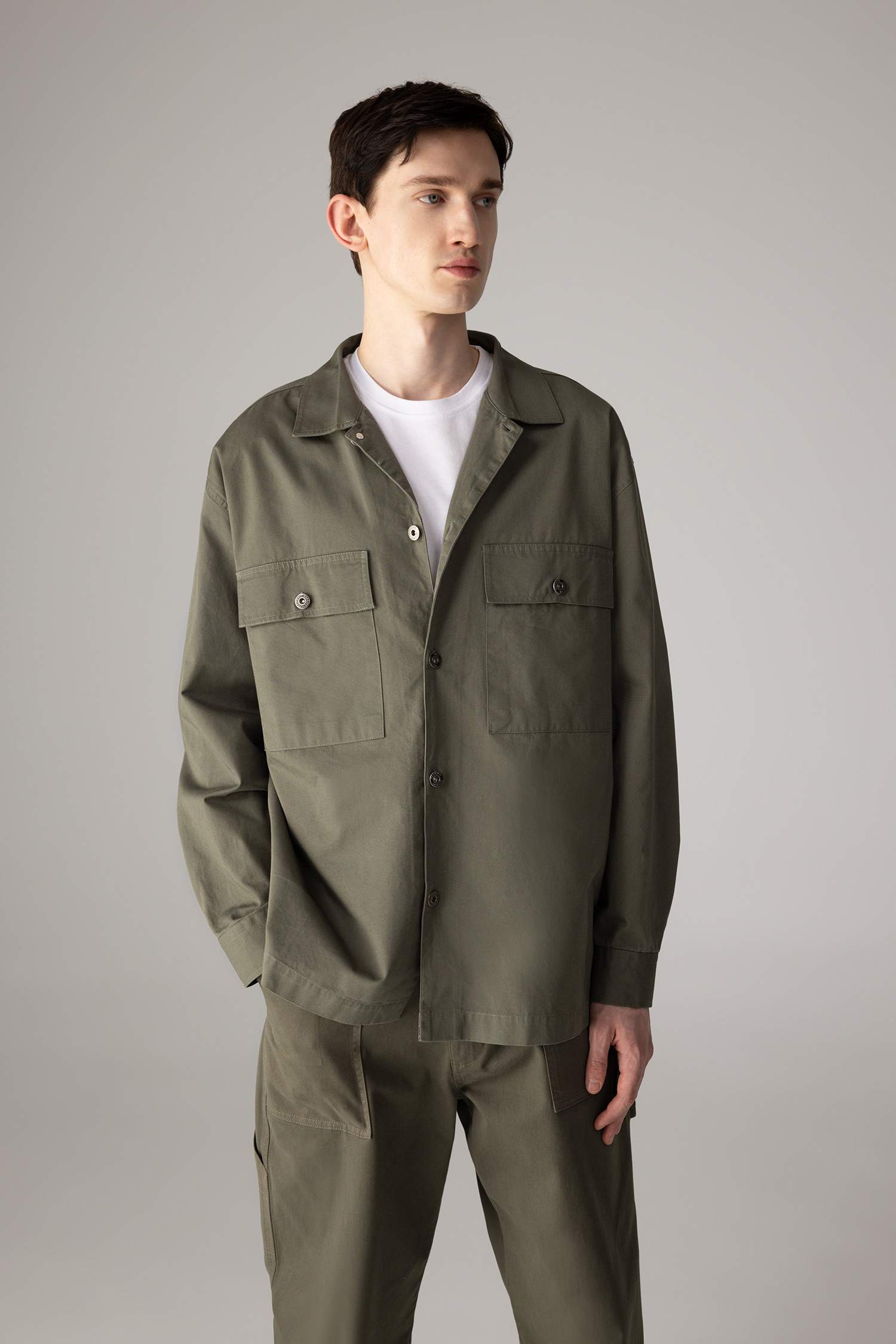 Oversize Fit Polo Neck Twill Long Sleeve Shirt