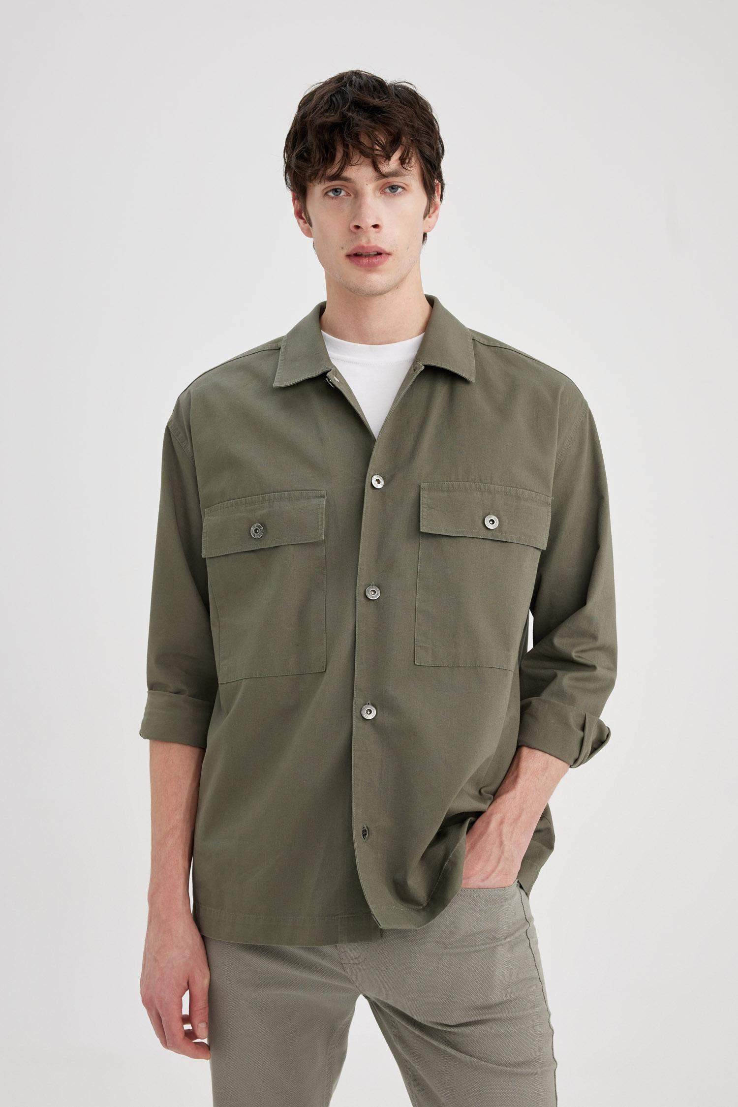 Oversize Fit Polo Neck Twill Long Sleeve Shirt