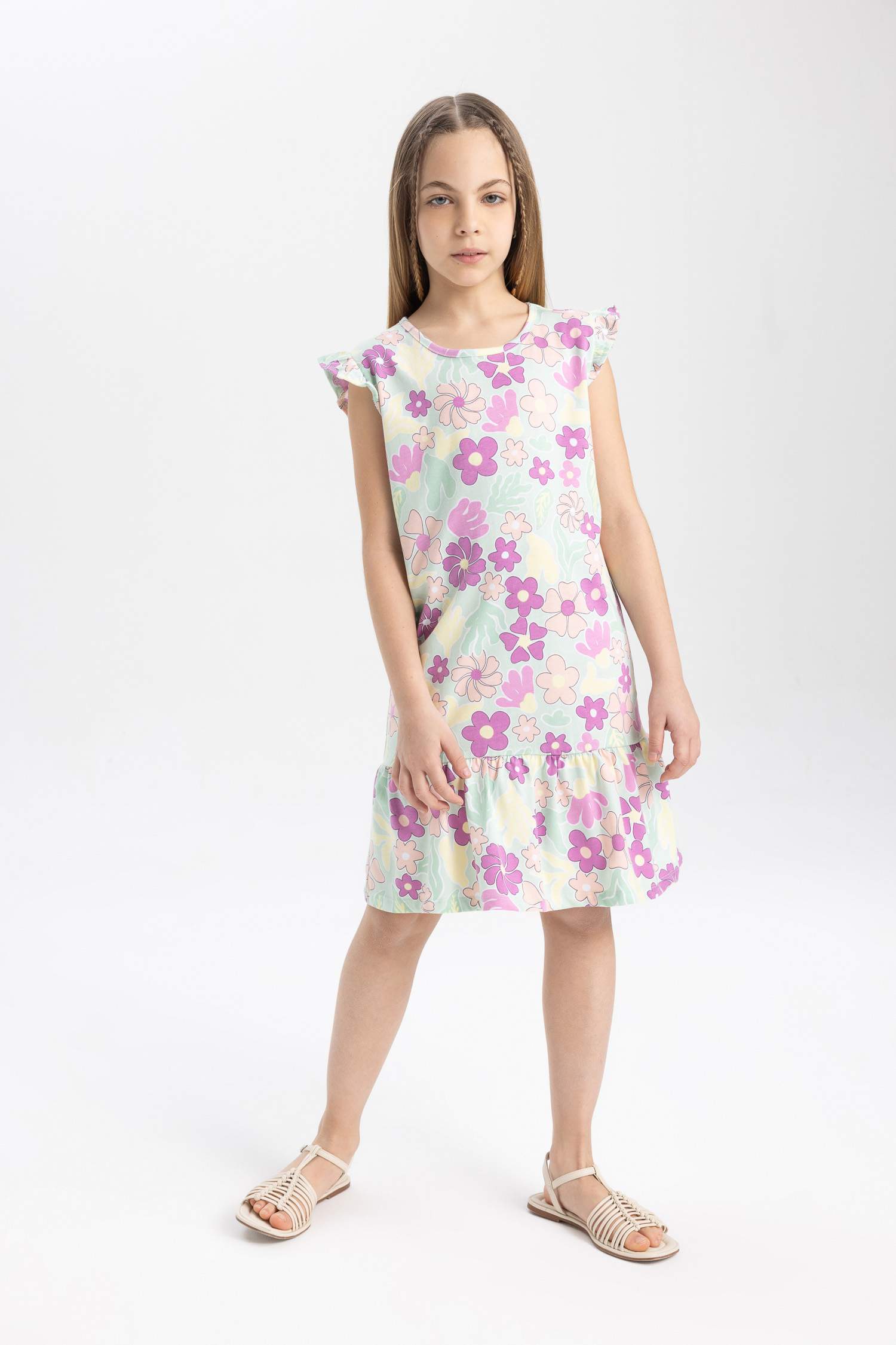 فستان بناتي فلورال نص كم