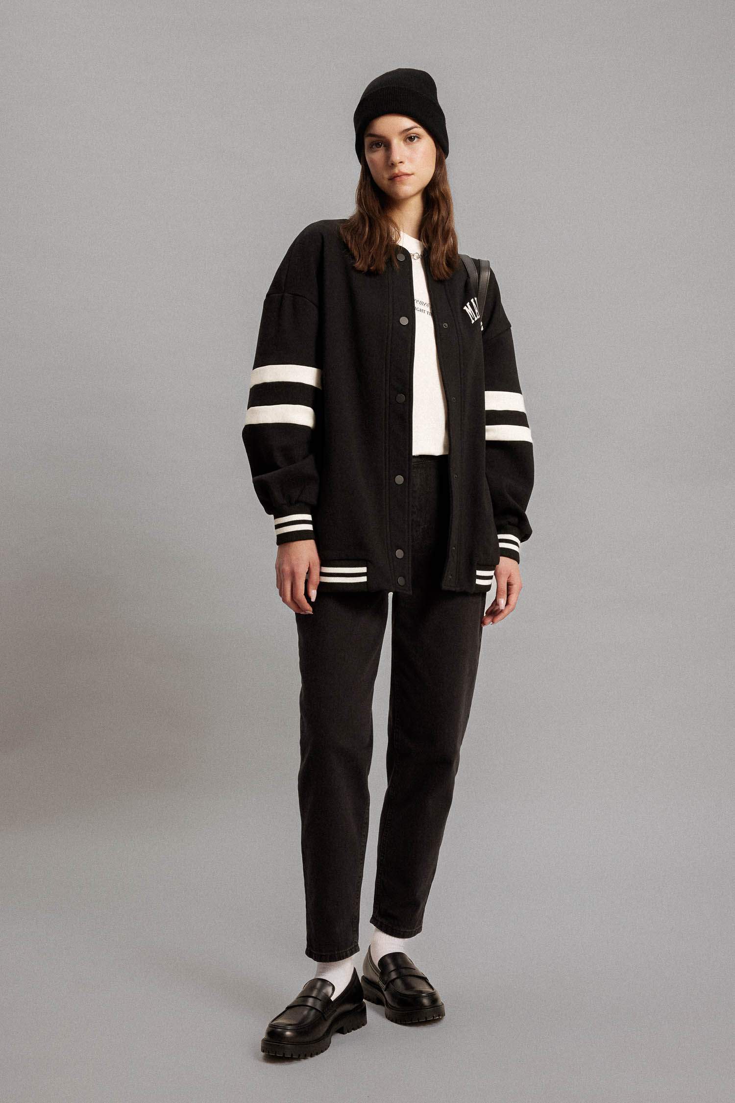 Kolej Yaka Bomber Ceket Hırka Nakışlı Çıtçıtlı İçi Yumuşak Tüylü Kalın