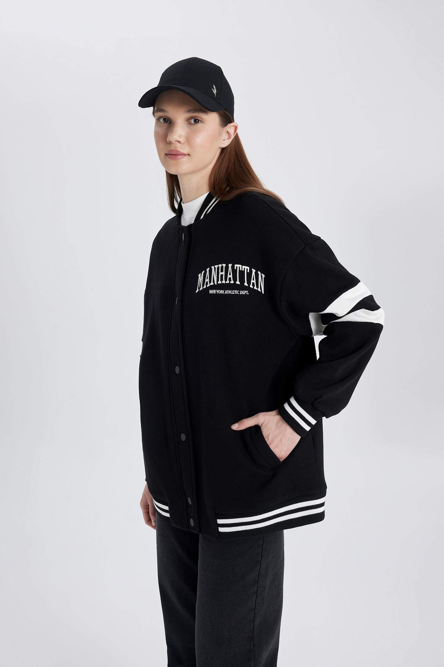 Kolej Yaka Bomber Ceket Hırka Nakışlı Çıtçıtlı İçi Yumuşak Tüylü Kalın