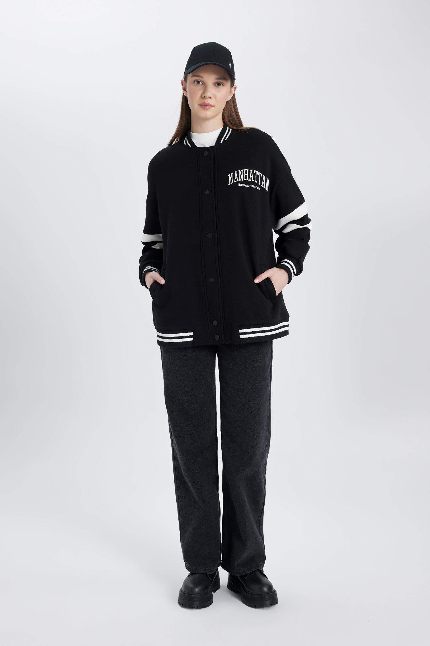 Kolej Yaka Bomber Ceket Hırka Nakışlı Çıtçıtlı İçi Yumuşak Tüylü Kalın