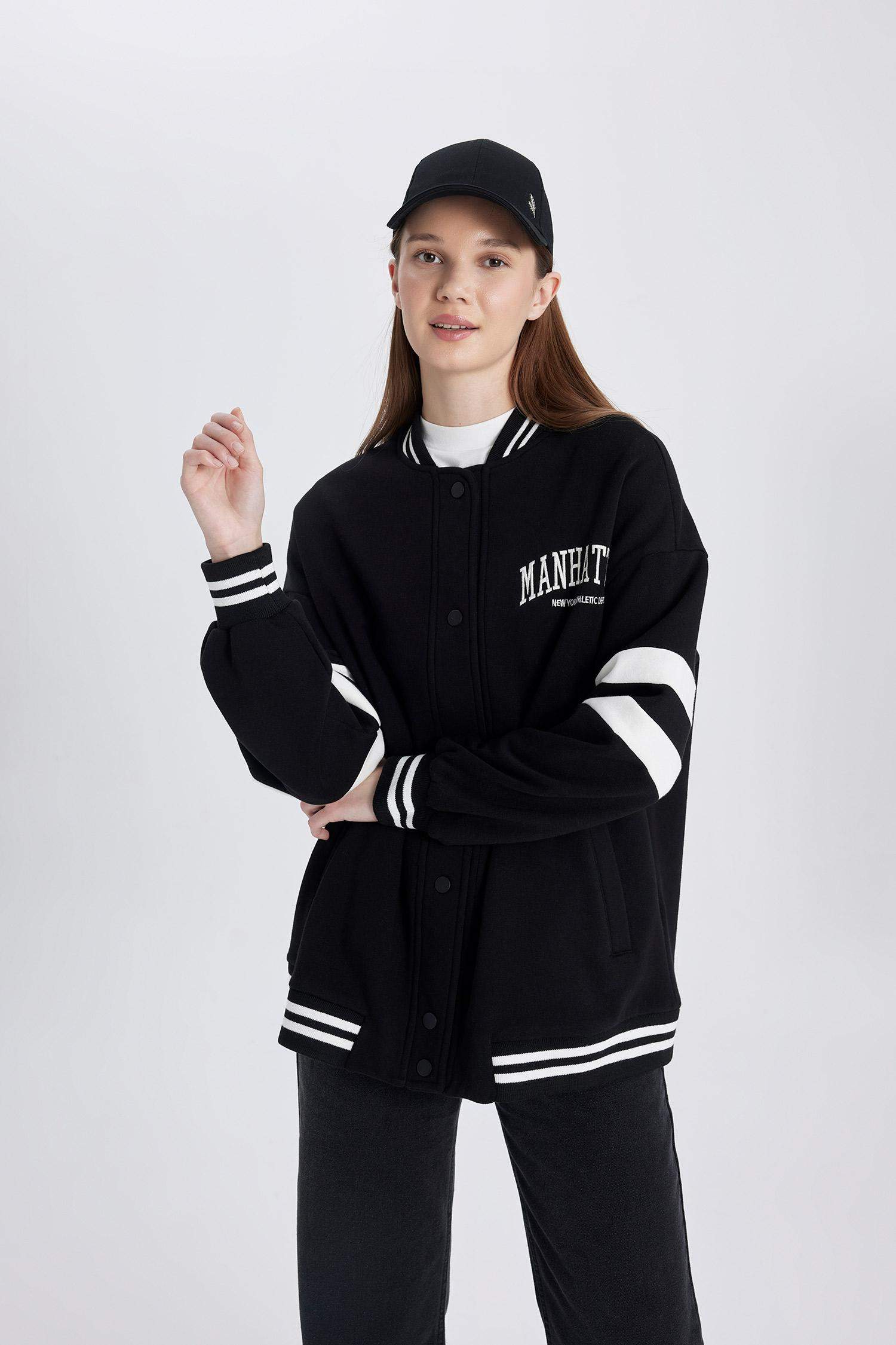 Kolej Yaka Bomber Ceket Hırka Nakışlı Çıtçıtlı İçi Yumuşak Tüylü Kalın