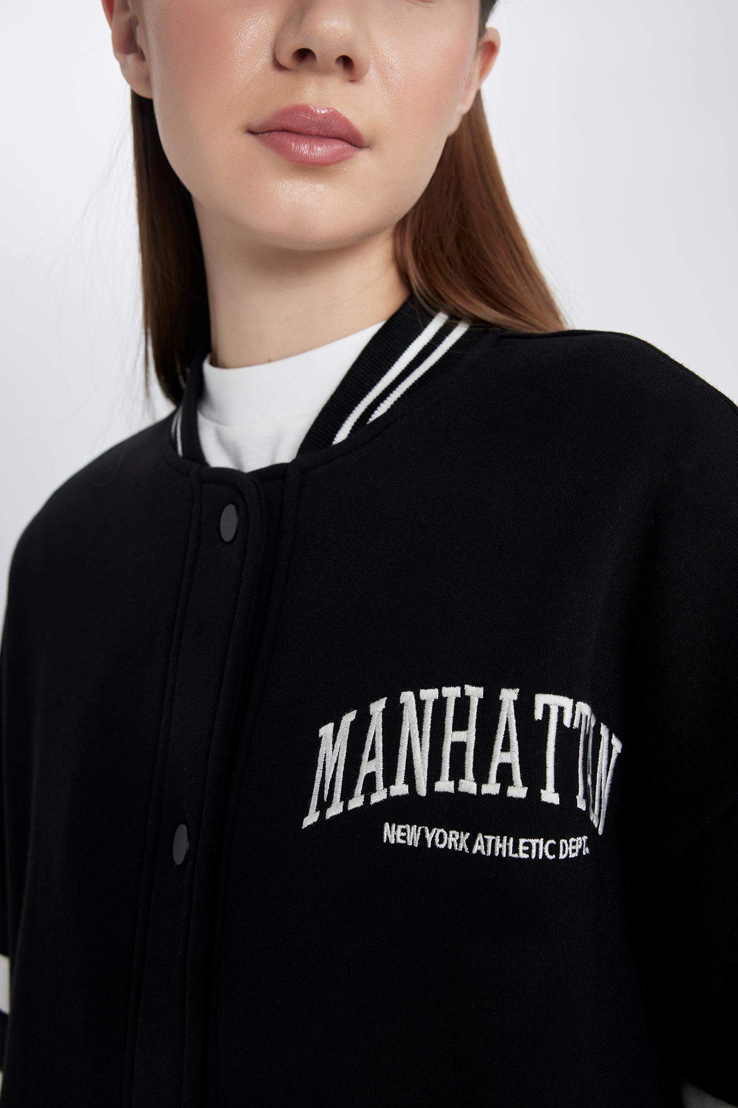 Kolej Yaka Bomber Ceket Hırka Nakışlı Çıtçıtlı İçi Yumuşak Tüylü Kalın