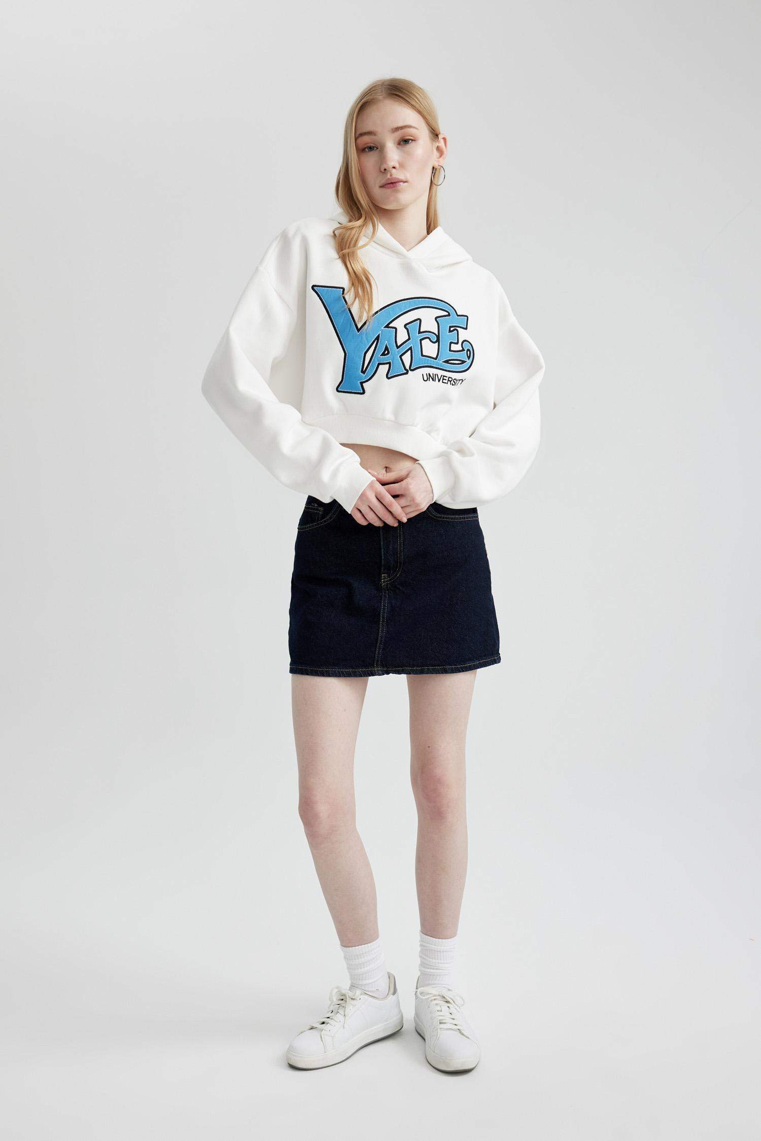 Coool Yale University Oversize Geniş Kalıp Kapüşonlu Crop Sweatshirt