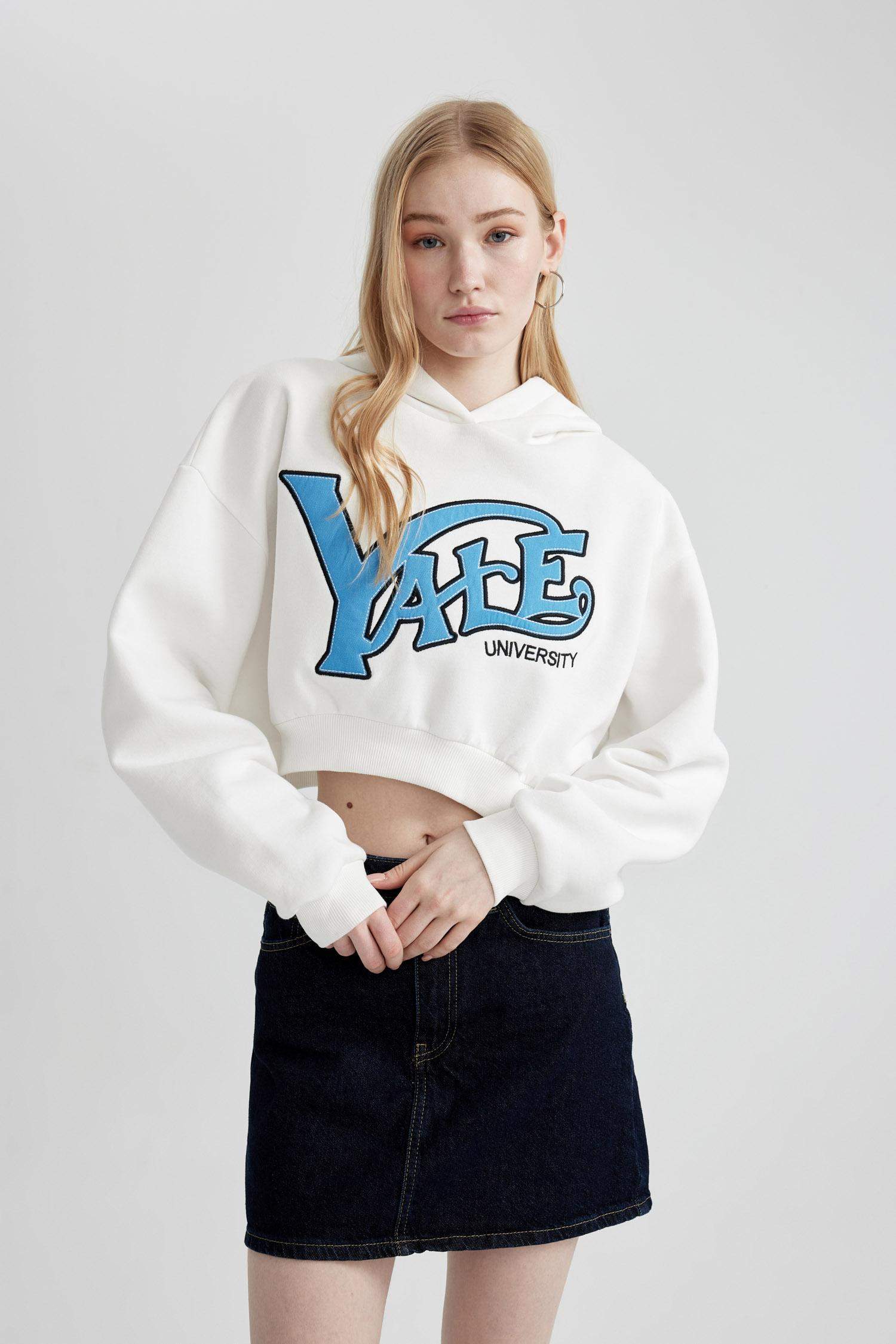 Coool Yale University Oversize Geniş Kalıp Kapüşonlu Crop Sweatshirt