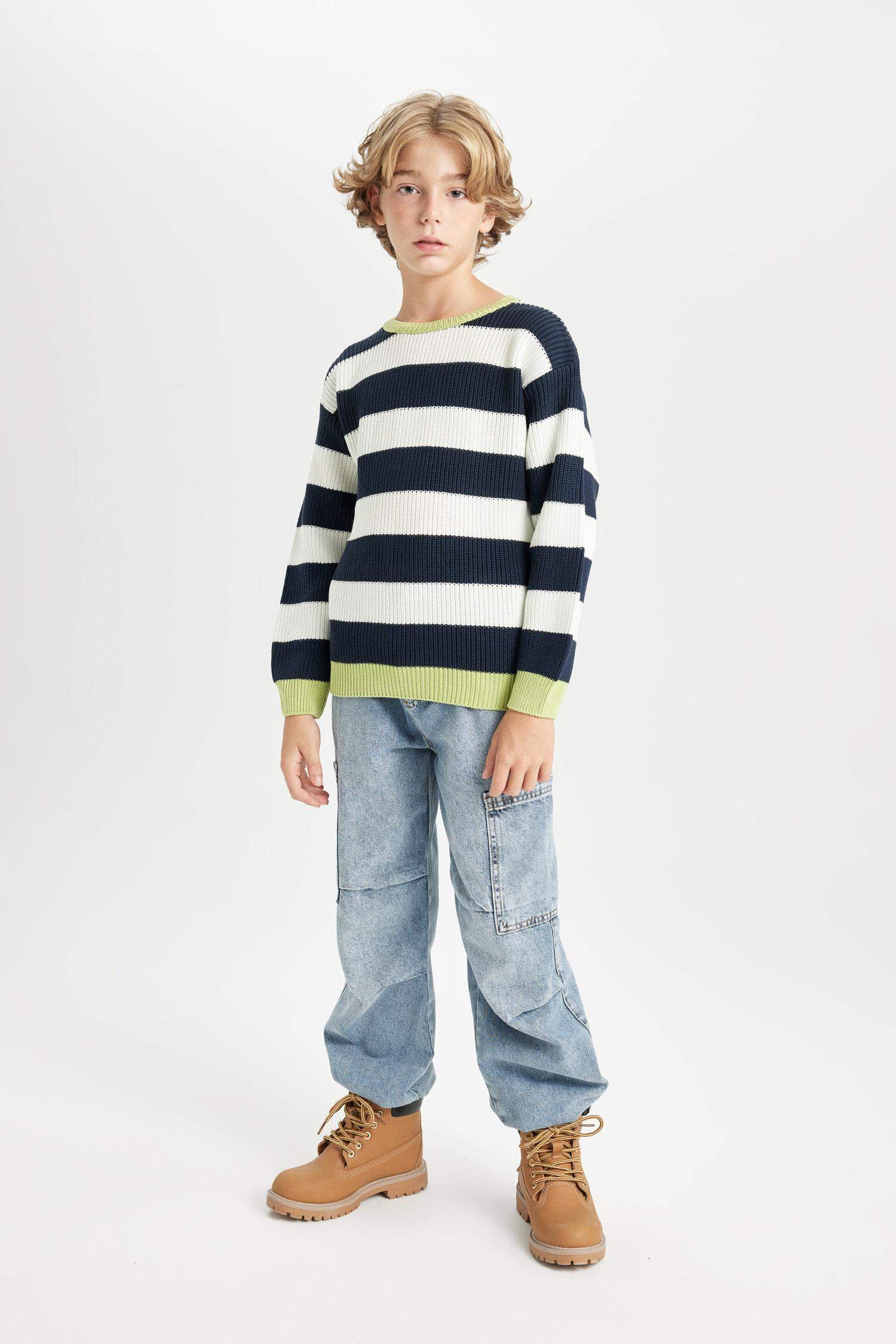 Boy Crew Neck Color Detailed Striped Knitted Pullover