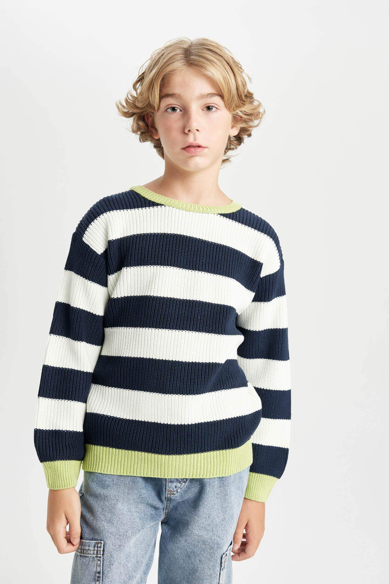 Boy Crew Neck Color Detailed Striped Knitted Pullover