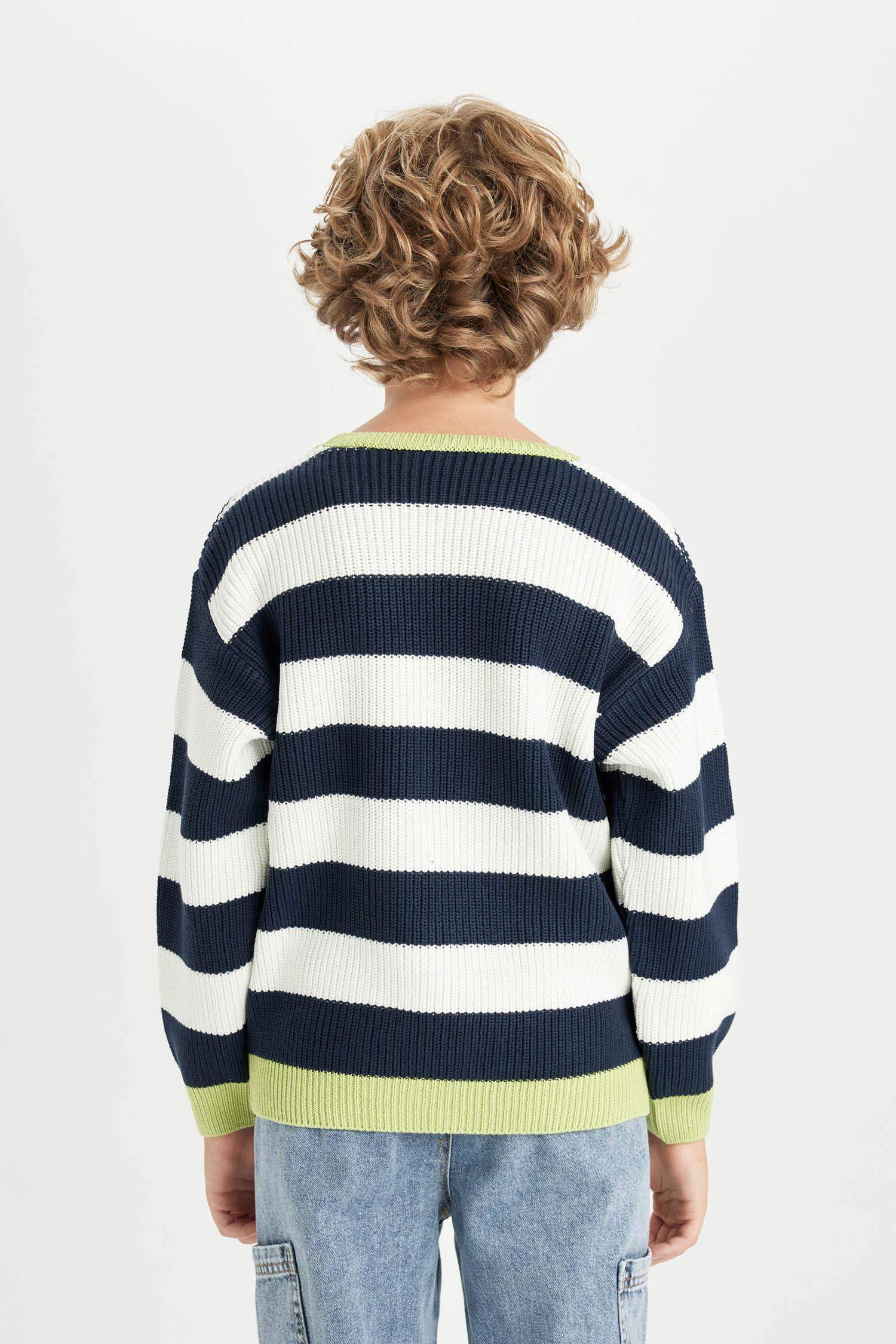 Boy Crew Neck Color Detailed Striped Knitted Pullover