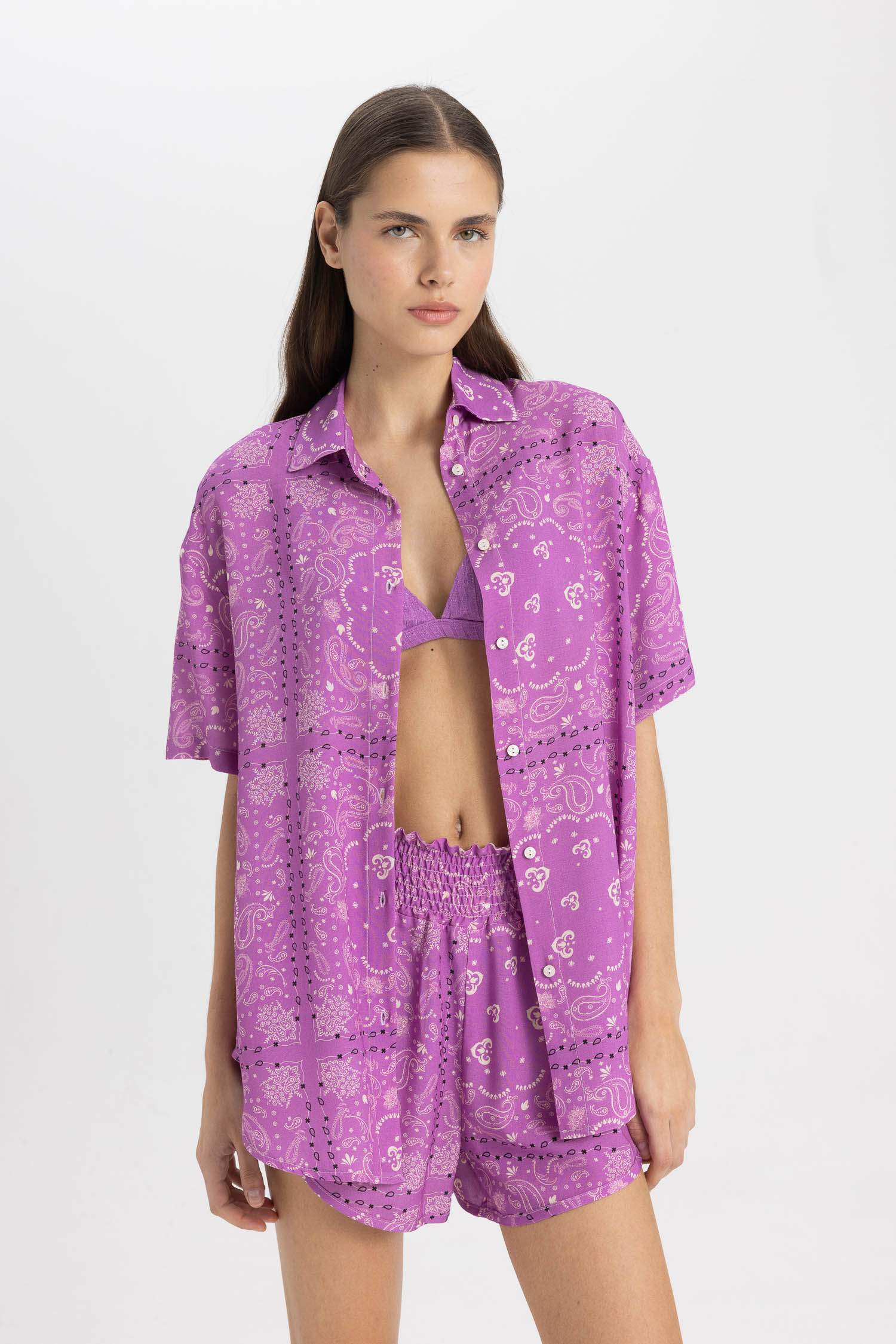 Regular Fit Desenli Viskon Plaj Gömleği-Fall in Love