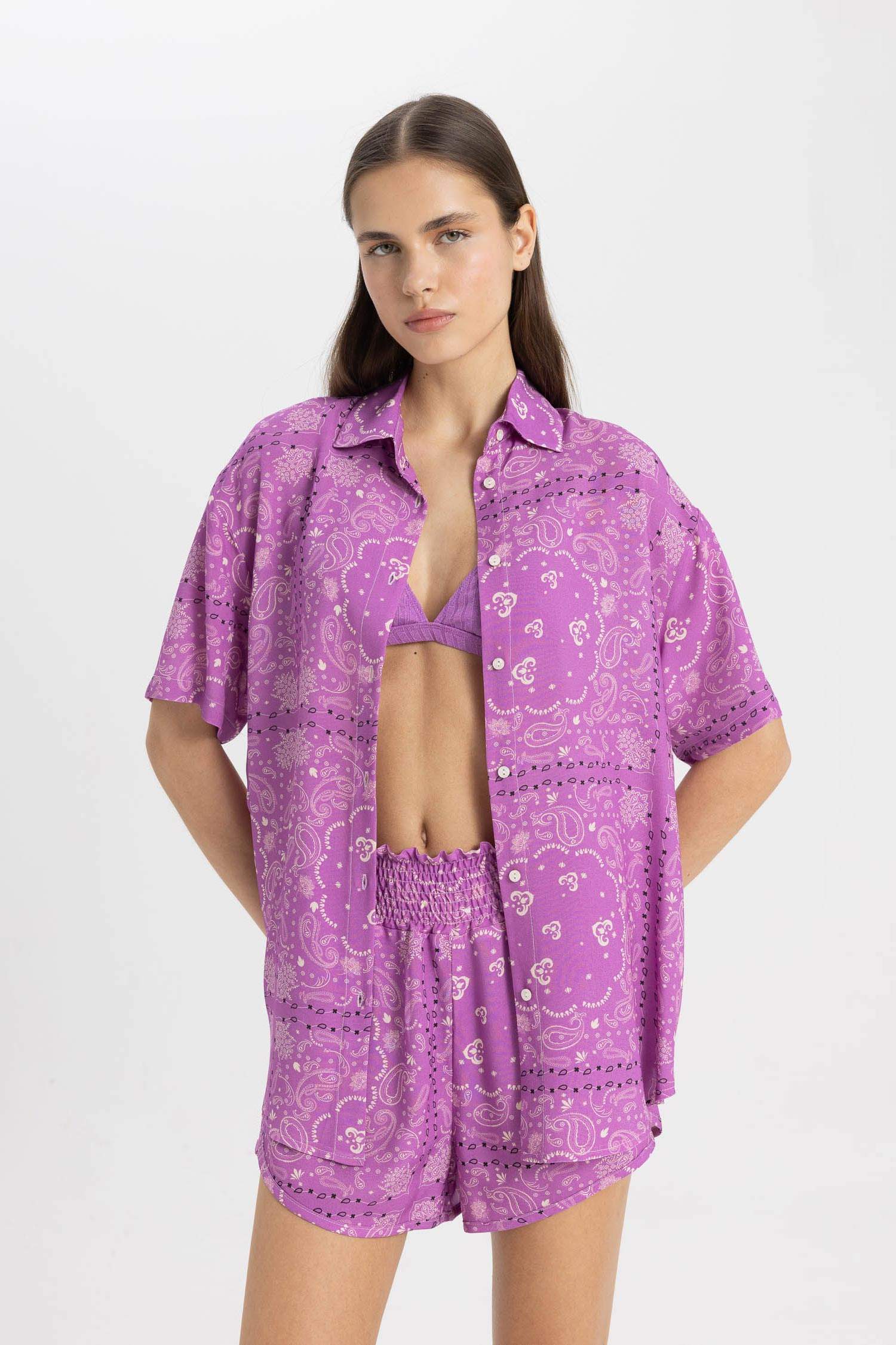 Regular Fit Desenli Viskon Plaj Gömleği-Fall in Love