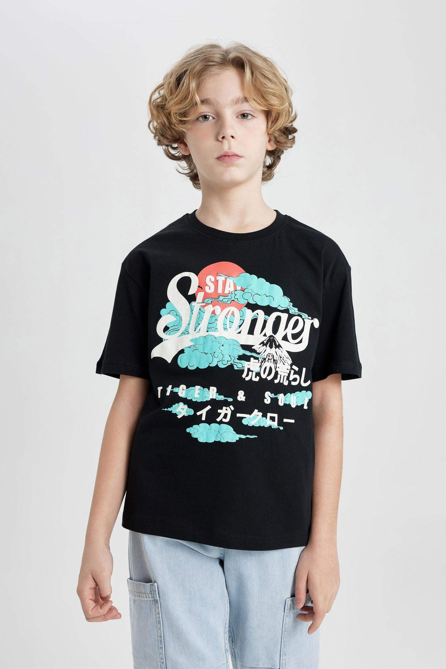 Erkek Çocuk Oversize Geniş Kalıp Bisiklet Yaka Baskılı Kısa Kollu Tişört